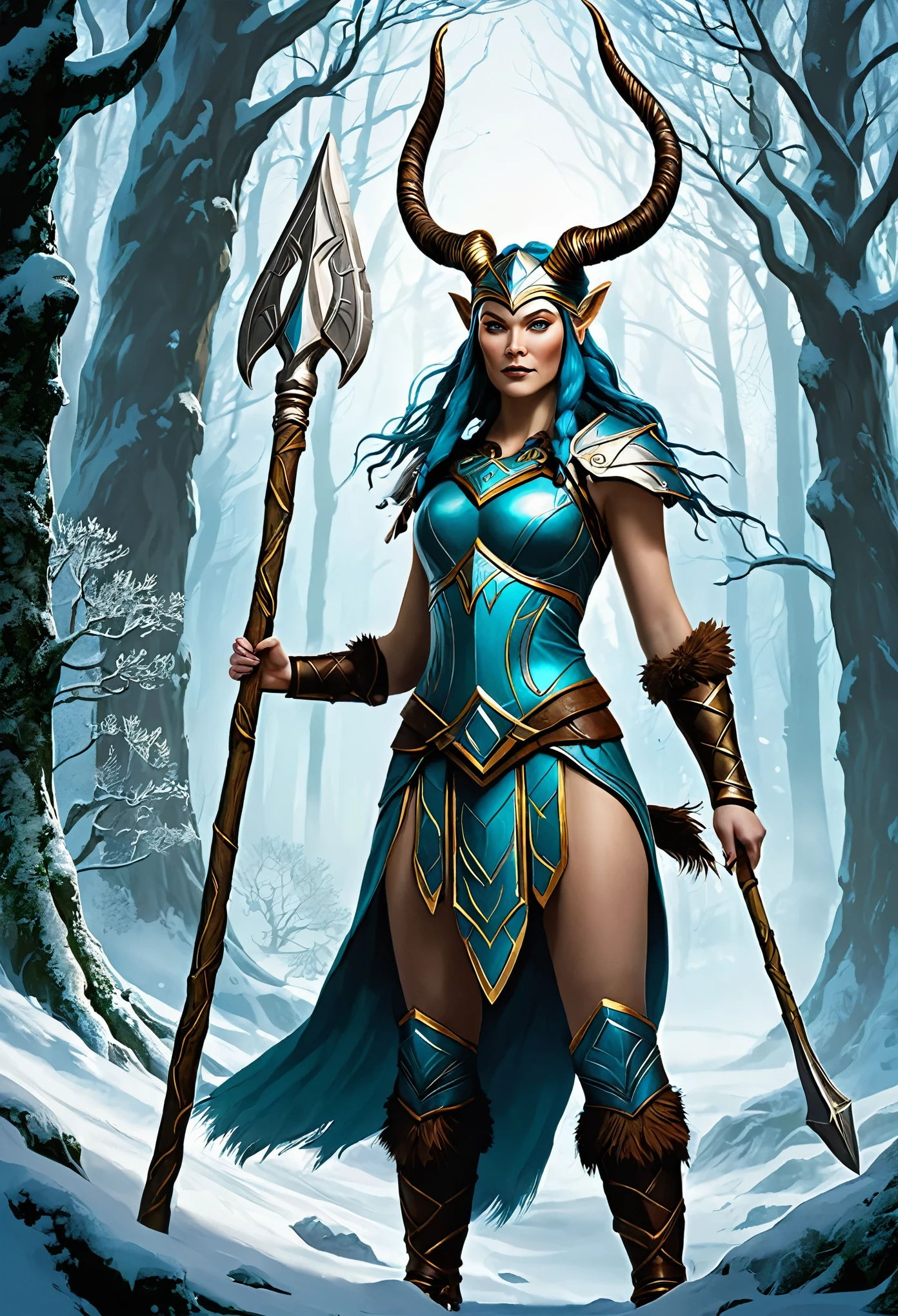 "Create a unique Satyress character rooted in Nordic mythology, blending her traditional woodland and nature-bound traits with the mystical prowess of Valkyries. She embarks on a quest to rescue a stolen artifact from a cunning frost giant, forging an unlikely alliance with a mischievous Loki along the way."