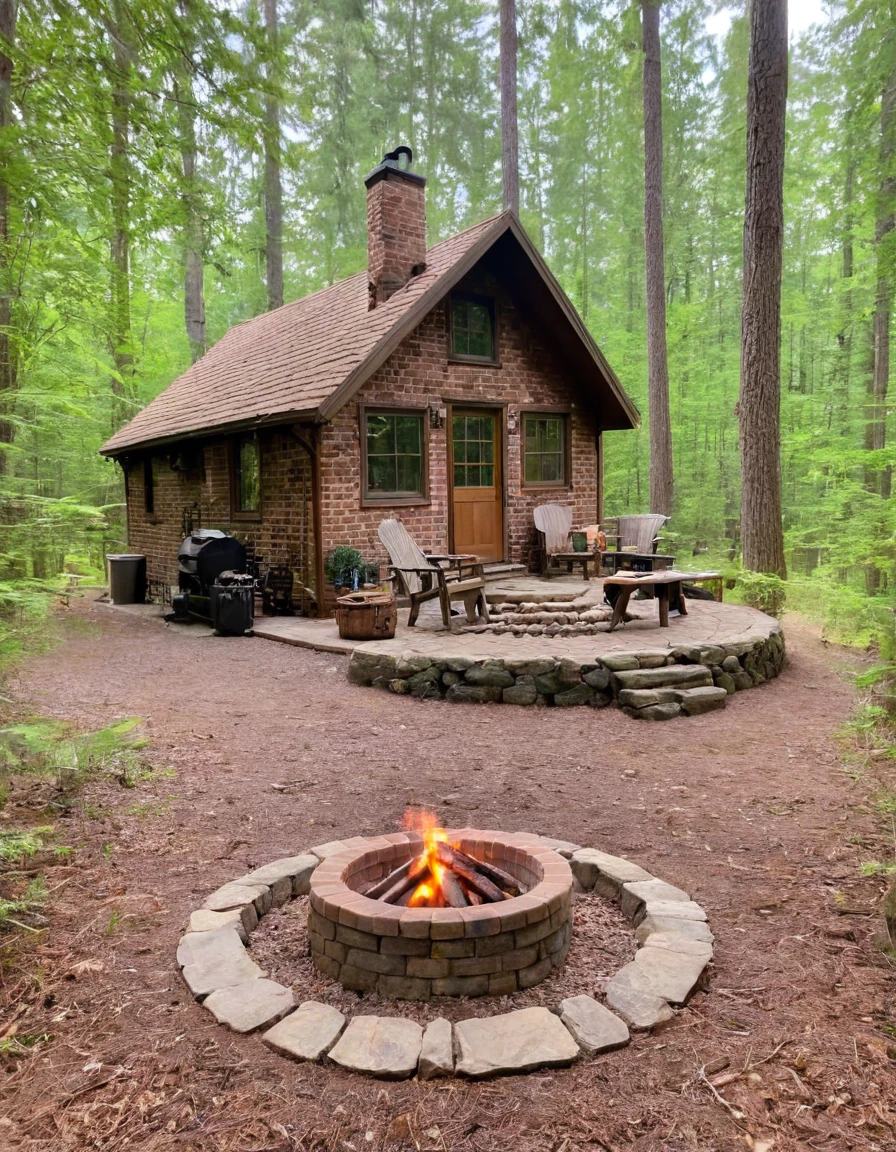 a small cabin with a fire pit in the woods, cottagecore, cottagecore hippie, cottagecore!!, cottage in the woods, cozy place, cottage in the forest, cabin in the woods, house in forest, nestled in a forest, cozy setting, cottage hippie naturalist, a brick cabin in the woods, cozy environment