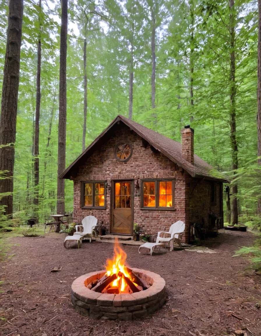 a small cabin with a fire pit in the woods, cottagecore, cottagecore hippie, cottagecore!!, cottage in the woods, cozy place, cottage in the forest, cabin in the woods, house in forest, nestled in a forest, cozy setting, cottage hippie naturalist, a brick cabin in the woods, cozy environment
