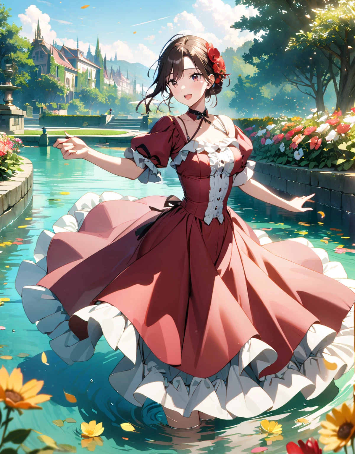 (超detailedなイラスト:1.2),Very delicate and beautiful,非常にdetailed,CG,Unity,8k wallpaper,wonderful,detailed,masterpiece,The best quality in the best condition,Official Art,非常にdetailed CG 8k Unbelievably ridiculous resolution,Beautiful and exquisite,High resolution,非常にdetailedな目と顔,garden with flowers,Dressed in a red dress, On the water,dance