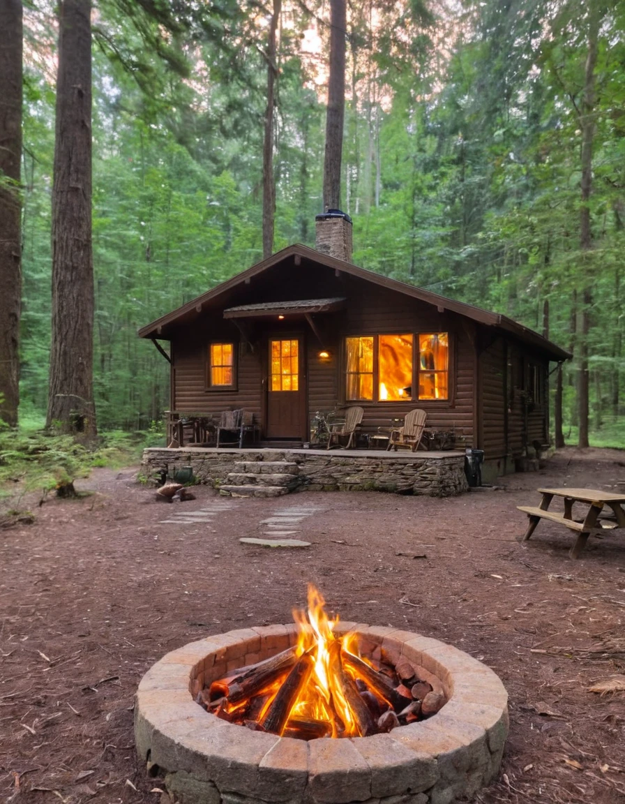 a small cabin with a fire pit in the woods, cottagecore, cottagecore hippie, cottagecore!!, cottage in the woods, cozy place, cottage in the forest, cabin in the woods, house in forest, nestled in a forest, cozy setting, cottage hippie naturalist, a brick cabin in the woods, cozy environment