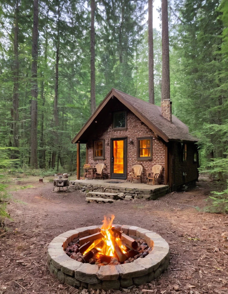 a small cabin with a fire pit in the woods, cottagecore, cottagecore hippie, cottagecore!!, cottage in the woods, cozy place, cottage in the forest, cabin in the woods, house in forest, nestled in a forest, cozy setting, cottage hippie naturalist, a brick cabin in the woods, cozy environment