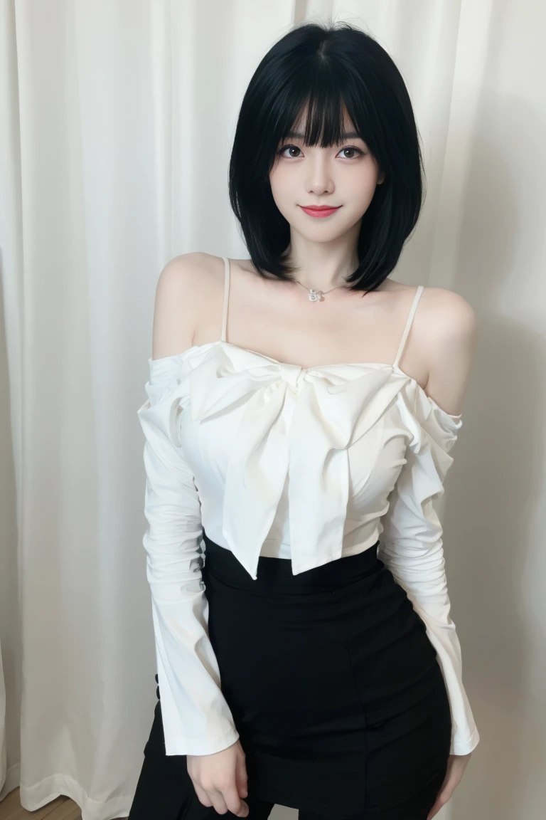 best quality, tmasterpiece,Ultra-high resolution,Clear face,(Reality:1.4),ferpect lighting,(upper body shot:1.5), (photorealistic:1.50), anime wallpaper, Guviz style artwork, cover-up fantasy up to magic , by Yang J, Guviz, beautiful artwork illustration, beautiful digital artwork, beautiful digital illustration, Li Song, beautiful anime portrait, art style in Beauvot,1girl,black hair,bangs, smile,Blush,(front:1.3),(standing:1.3),cowboy shot,
Sweet girl outfit5, (high waist skirt), Black skirt,indoor,In the room, (Curtain Background:1.3), mirror,