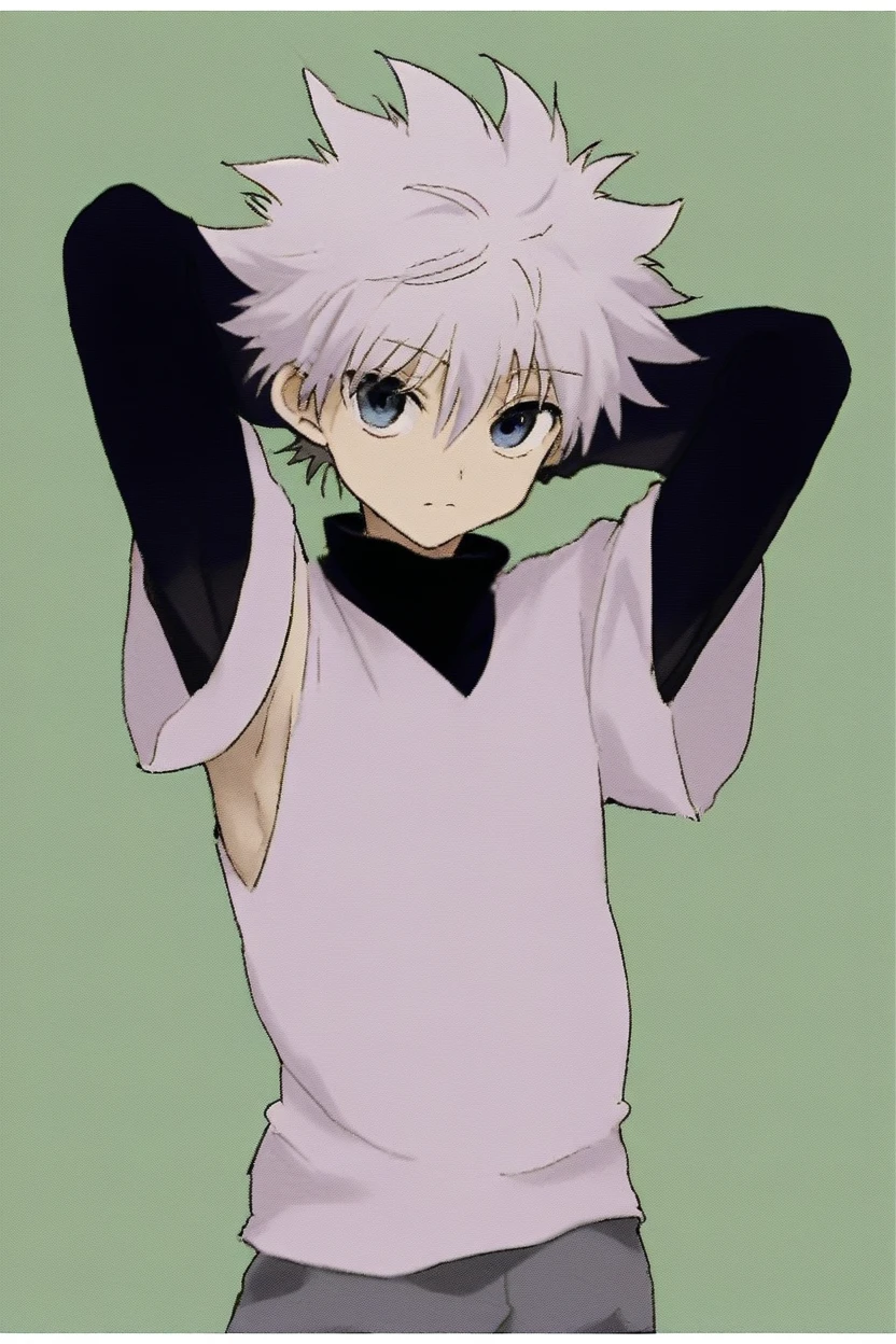 killua_zoldyck, 1boy, solo, short hair, bangs, blue eyes, simple background, shirt, long sleeves, hair between eyes, closed mouth, upper body, white hair, short sleeves, male focus, shorts, arms up, black shirt, turtleneck, border, spiked hair, arms behind head, yellow background, white border, green background, male , layered sleeves, short over long sleeves, score_9, rating_safe ,Shirtless,Showing armpits