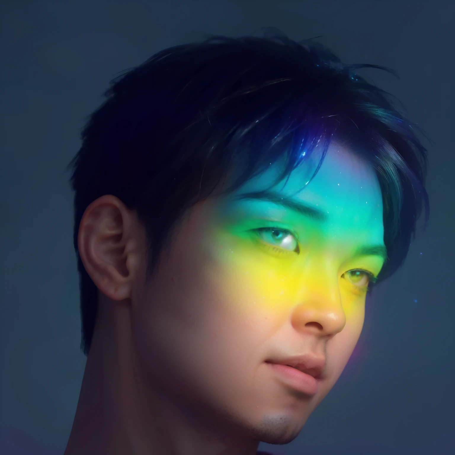 arafed image of a man with a rainbow color lighted face, inspired by Yanjun Cheng, inspired by Russell Dongjun Lu, inspired by jeonseok lee, yanjun chengt, inspired by Bian Shoumin, by Russell Dongjun Lu, inspired by Yeong-Hao Han, glowing rainbow face, by Yanjun Cheng, vibrant fan art, glowing with colored light