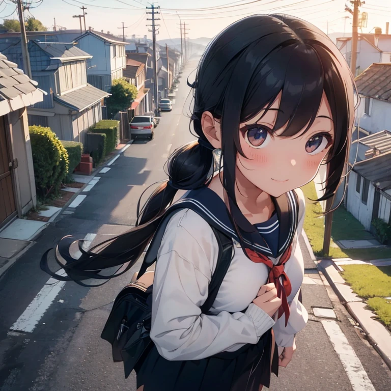 best quality, detailed, masterpiece, 1 girl, standing, gentle smile, 15yo, (low twintails:1.4), low pigtails, black hair, long hair, (navy blue sailor suit with blue ribbon:1.2), long sleeves, (dark brown eyes), (school bag), BREAK from the front, from few above, POV, alone, (steep downhill), (long hill straight road to the back), electric pole, electric cable, hill city, housing, cityscape, sea in the distance, nice view, 15 o'clock, orange sky, animation