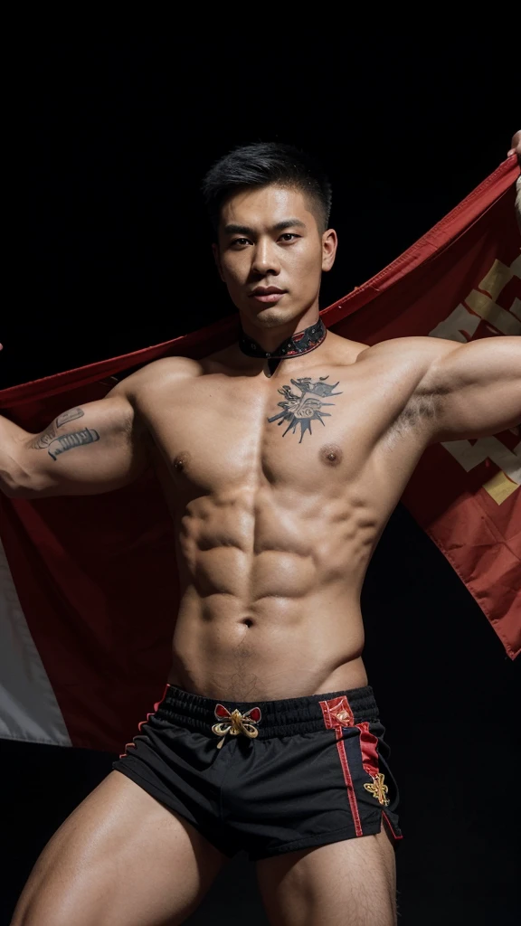 1 Chinese man 2 He is holding an 8 meter long flag and it is the flag of China 3 he has a black background 4 he has six pack abs 5 he has tattoos of Chinese dragons 6 The man has a 20 centimeter long muscle between his legs