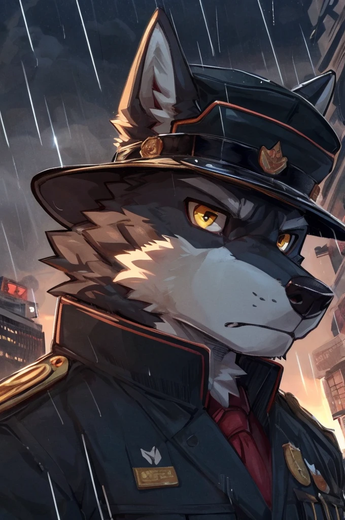 by hemuchang, by zackary911, male, black fur, wolf, yellow eyes, standing, black coat, serious, fully clothed, military cap, front view, raining, face focus, (((perspective, foreshortening))), side view