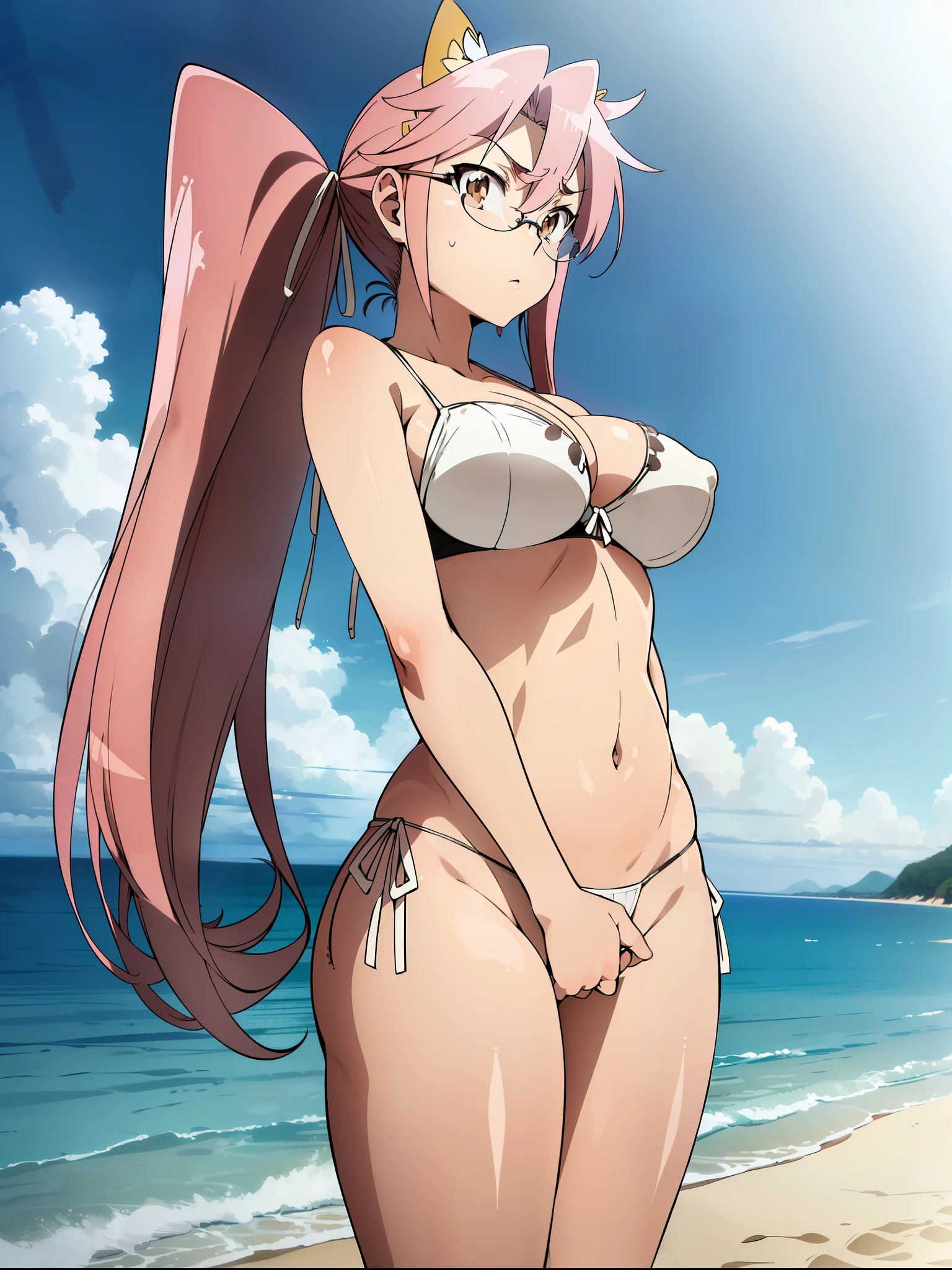 Nsfw,Hayatakagi, Hajime Takagi, Long hair, bow ribbon, (Twin-tailed:1.3), (Brown eyes:1.5), Hair Ribbon, Pink hair, (eye glasses:1.3),,(looking at the viewers:1.3),BREAK (masutepiece:1.2), Best Quality, High resolution, Unity 8k Wallpaper, (Illustration:0.8), (Beautiful detailed eyes:1.6), extra detailed face, Perfect Lighting, extremely details CG, (Perfect hands, Perfect Anatomy),(the beach:1.3),Naughty big、thighs thighs thighs thighs、solo, super micro small and tight transparent lace lingerie, half naked, very big breast, detailed nipples, deep cameltoe, barely spread legs, caderas anchas, extra small bra, g string, stripes translucent stockings