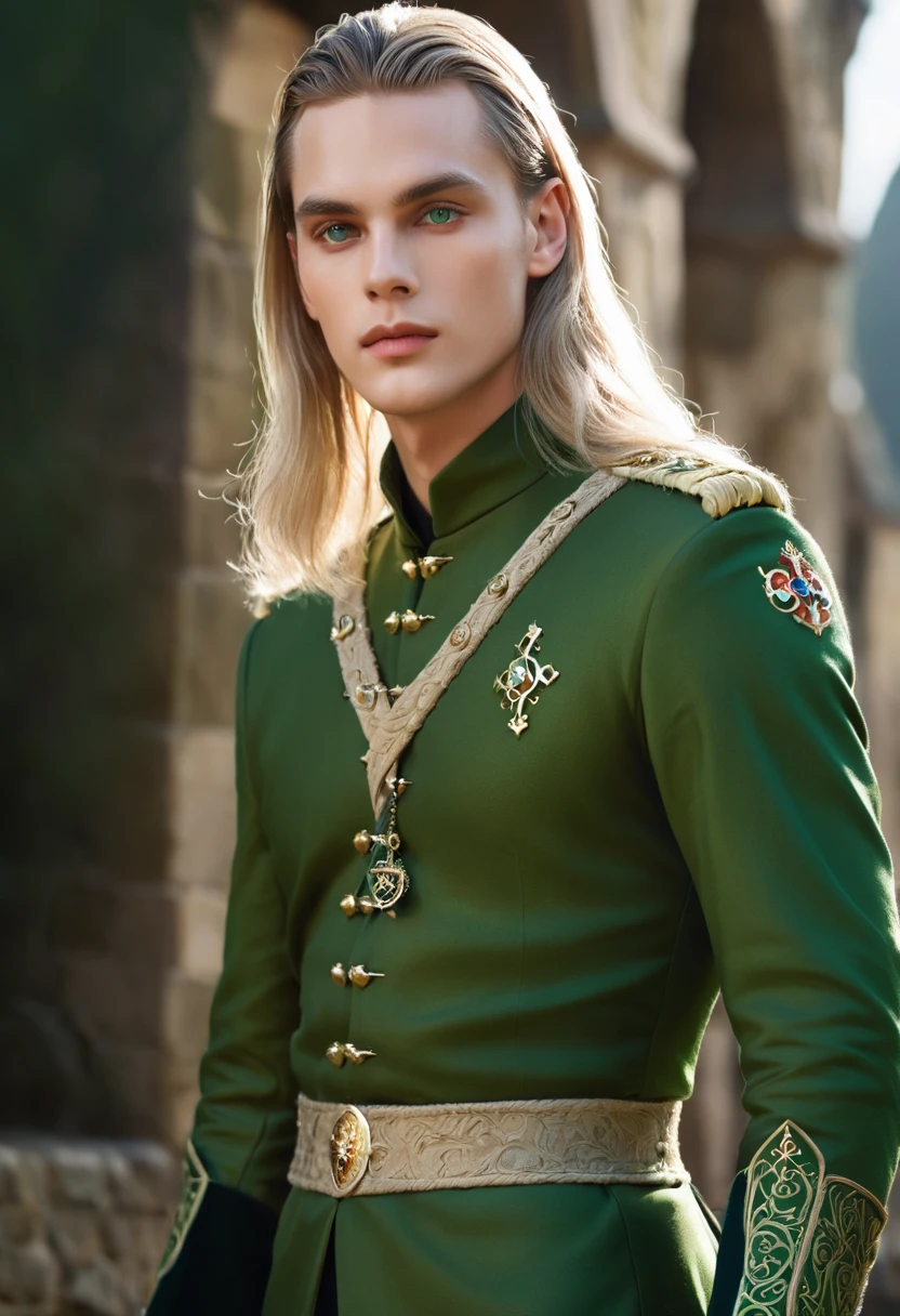 Neels Visser is a prince with long blond hair, Wearing moss green medieval military uniform, Look forward with emerald eyes. whole body, Artwork by Greg Rutkowski