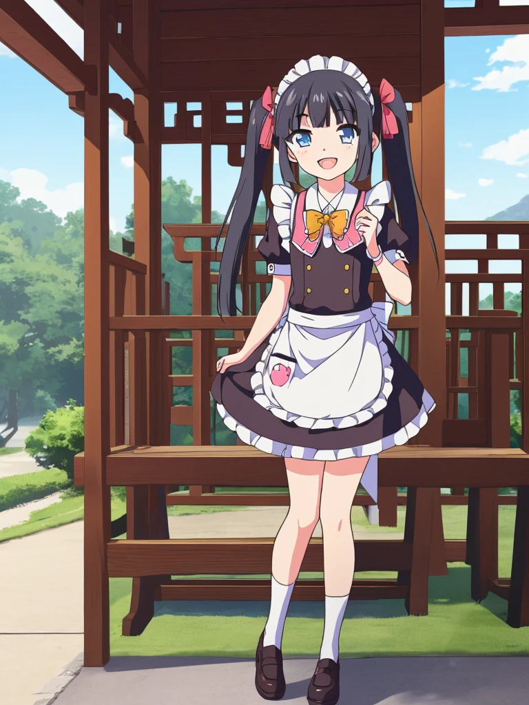 (masterpiece:1.2), best quality, highres, original, (extremely detailed:1.2), ultra-detailed, wallpaper, perfect lighting,(extremely detailed CG:1.2), 8k, anime illustration, 1boy, solo, cute, kawaii, crossdressing, (twin tails, light-blue eyes, flat chest, open the mouth, laughing, happy:1.2), (Chinese-style maid outfit, apron, ruffles hemline, knee-length dress:1.3), standing in front of the camera, frontal, looking at viewer, (anatomically correct:1.5), outdoor, full body nsfw