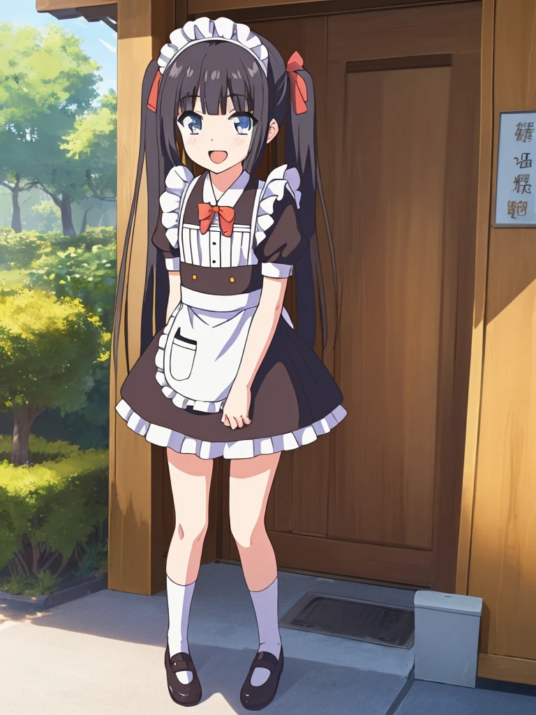 (masterpiece:1.2), best quality, highres, original, (extremely detailed:1.2), ultra-detailed, wallpaper, perfect lighting,(extremely detailed CG:1.2), 8k, anime illustration, 1boy, solo, cute, kawaii, crossdressing, (twin tails, light-blue eyes, flat chest, open the mouth, laughing, happy:1.2), (Chinese-style maid outfit, apron, ruffles hemline, knee-length dress:1.3), standing in front of the camera, frontal, looking at viewer, (anatomically correct:1.5), outdoor, full body nsfw