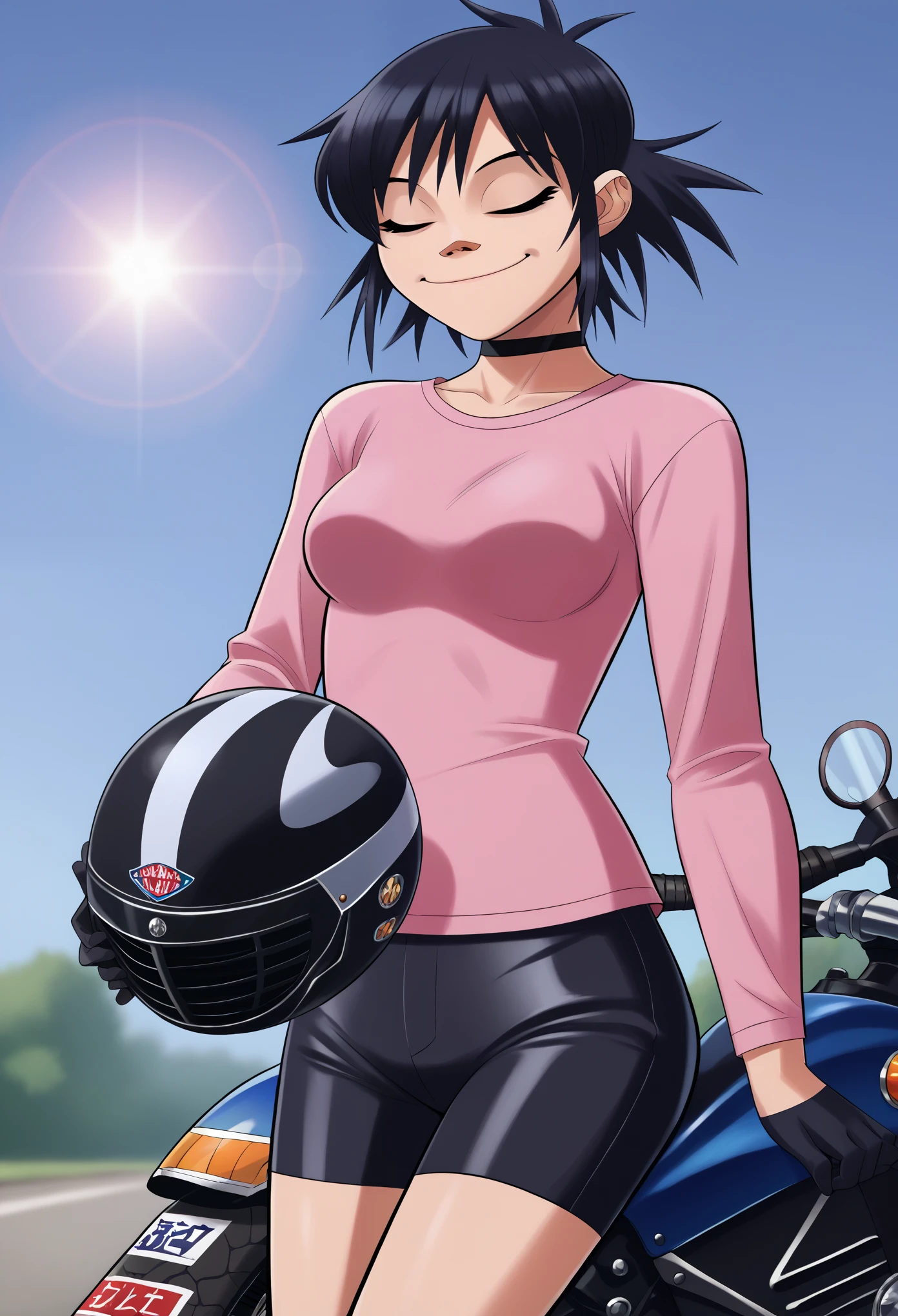 score_9, score_8_up, score_7_up, BREAK, 1girl, solo, breasts, noodlegorillaz, black shorts, pink shirt, long sleeves, motorcycle helmet, black gloves, closed eyes, lens flare, smile, black choker, holding helmet, black hair,
