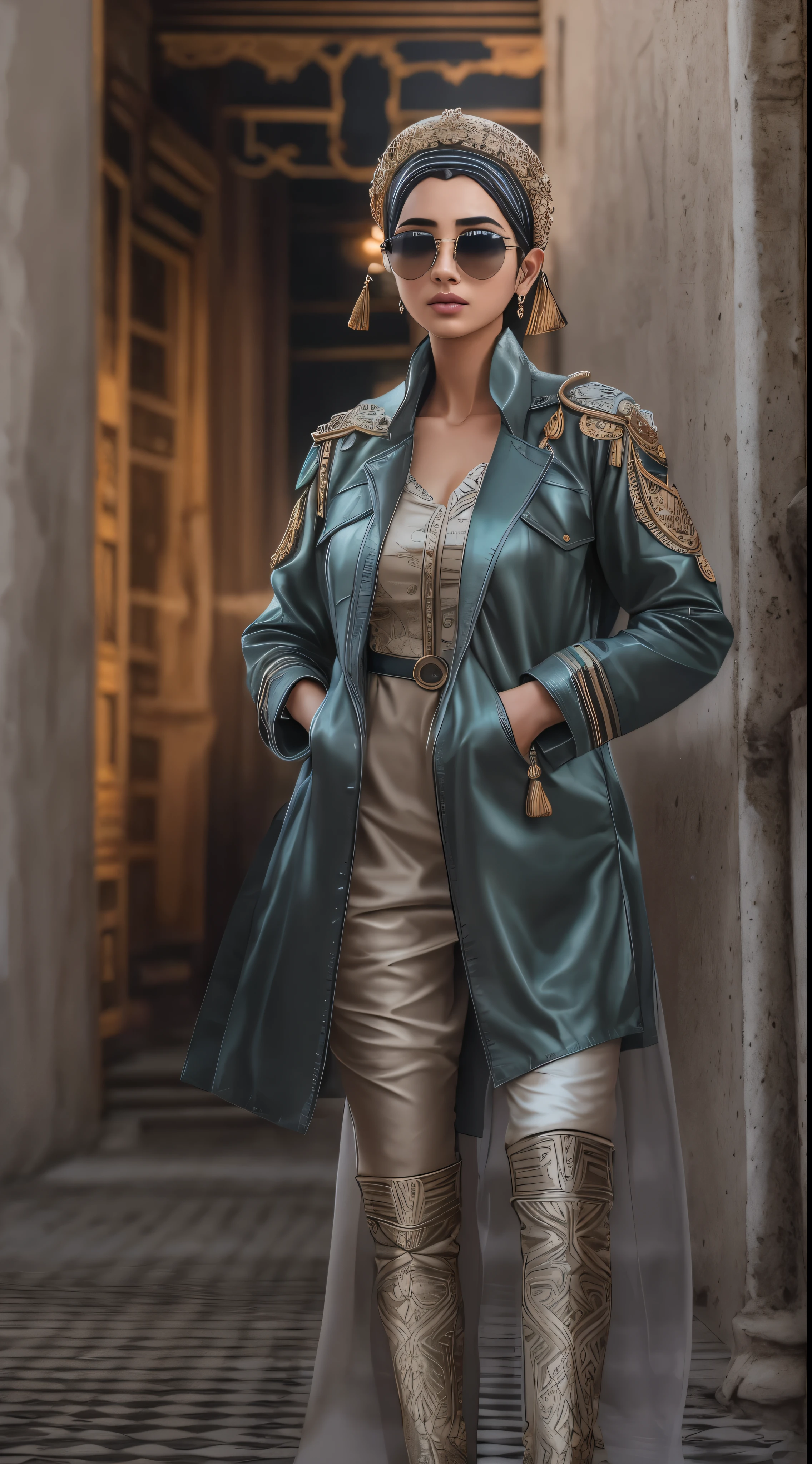 A very realistic and very detailed portrait oF a beautiFul German woman wearing sunglasses in the Future city oF Berlin , ((Full-body:1.2)) , The outFit is engraved with German shield plates , شعر طويل, وشم اليد والجسم, تشكل الموضة, BeautiFul hazel eyes symmetrical detailed, detailed gorgeous Face, بيئة ألمانية متقدمة , Integration oF German civilization with the technology oF the Future , التفاصيل المعلقة, 30 ميجابكسل, 4K, كاميرا كانون EOS 5D Mark IV الرقمية SLR, عدسة 85 ملم, sharp Focus, مفصلة بشكل معقد, وقت التعرض الطويل, F/8, ايزو 100, سرعة الغالق 1/125, DiFFused backlight, ((الصورة الحائزة على جائزة)) , Facing camera, النظر في الكاميرا, مونوفيجن, PerFect contrast, حدة عالية, Facial symmetry, Depth-oF-Field, تصوير فوتوغرافي مفصل للغاية, رايتسار, الإضاءة العالمية, تانفرتاميم, ناعم, Ultra-High DeFinition, 8 كيلو, محرك غير واقعي 5, Ultra-sharp Focus, الصورة الحائزة على جائزة, تتجه على artstation