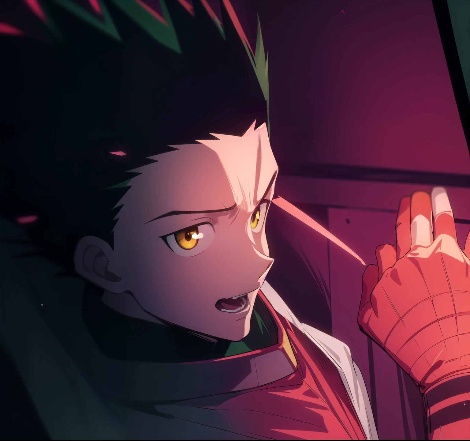 masterpiece, best quality, high quality, 1boy, solo, male focus, looking at viewer, upper body, gon_freecss, green hair, spiked hair, yellow eyes,