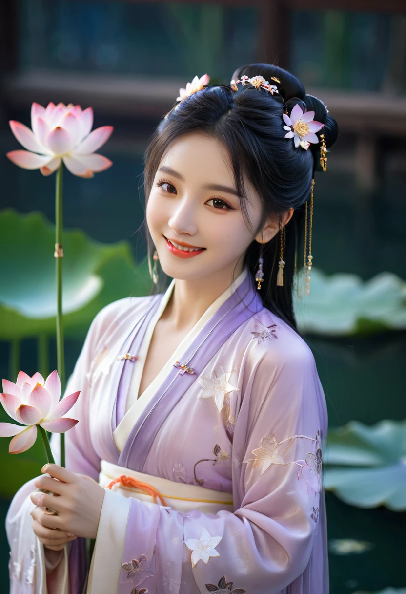 Superb Quality, Masterpiece, High Resolution, 1Girl, Blush, (Seductive Smile: 0.8), Star Pupil, Chinese Hanfu Lilac, Hair Accessories, Necklace, Jewelry, Beauty, on_body, Tyndall Effect, Realism, Lotus Pond, Light Edge, Two-tone Lighting, (High Detail Skin: 1.2), 8K UHD, DSLR, Soft Light, High Quality, Volume Lighting, Candid Photo, High Resolution, 4K, 8K, Background Bokeh