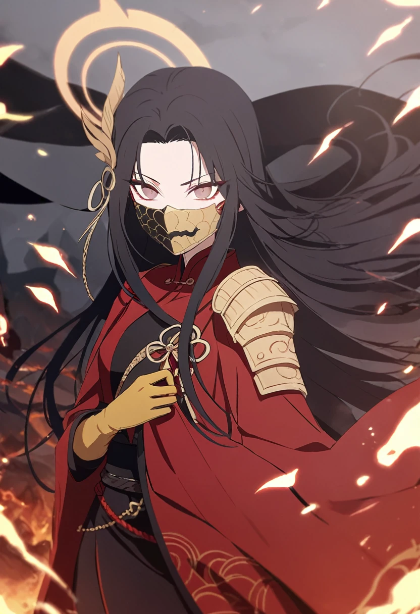 young woman, long black hair, red long robe, East style, golden scale gloves, golden scaled shoulder pads, Black Sheet Mask, Mordor