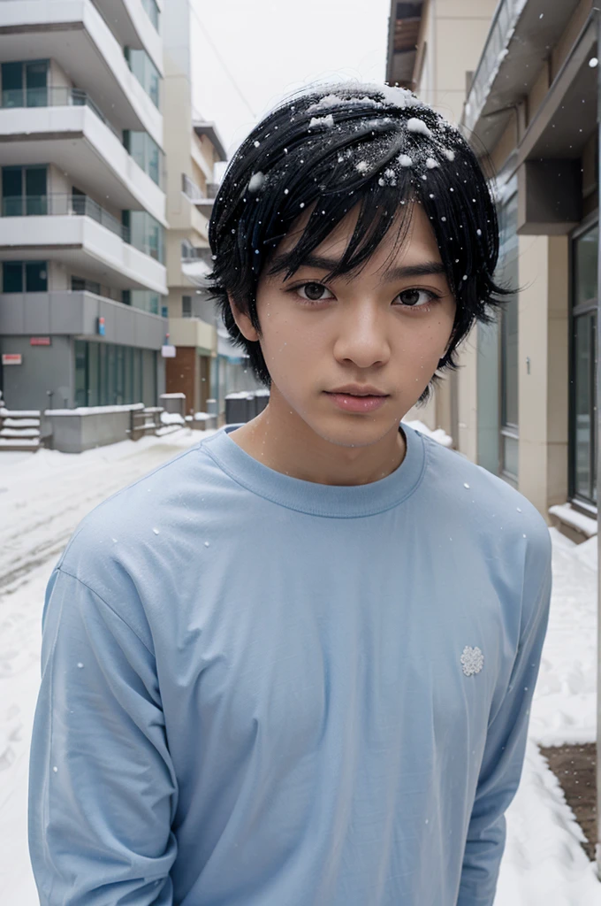 A black haired anime person was wearing a long light blue shirt and there was a bit of snow on top of his head