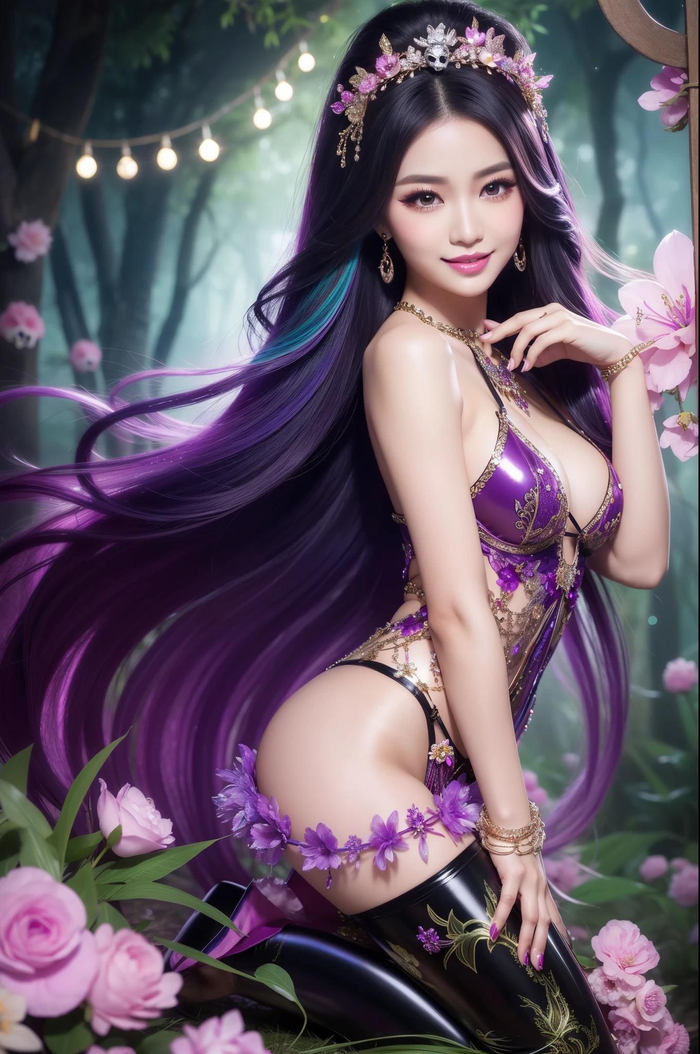 sexy Thai model who controls poison、beautiful smile、lipgloss、long lashes、dramatic makeup、look at the camera、full body Esbian、、sparkling poisoned enchanted flower costume、、、、shiny sparkling multicolor hair、secrete poison、skull hair accessories、ultra detailed tights、shiny sparkling dark magic forest background