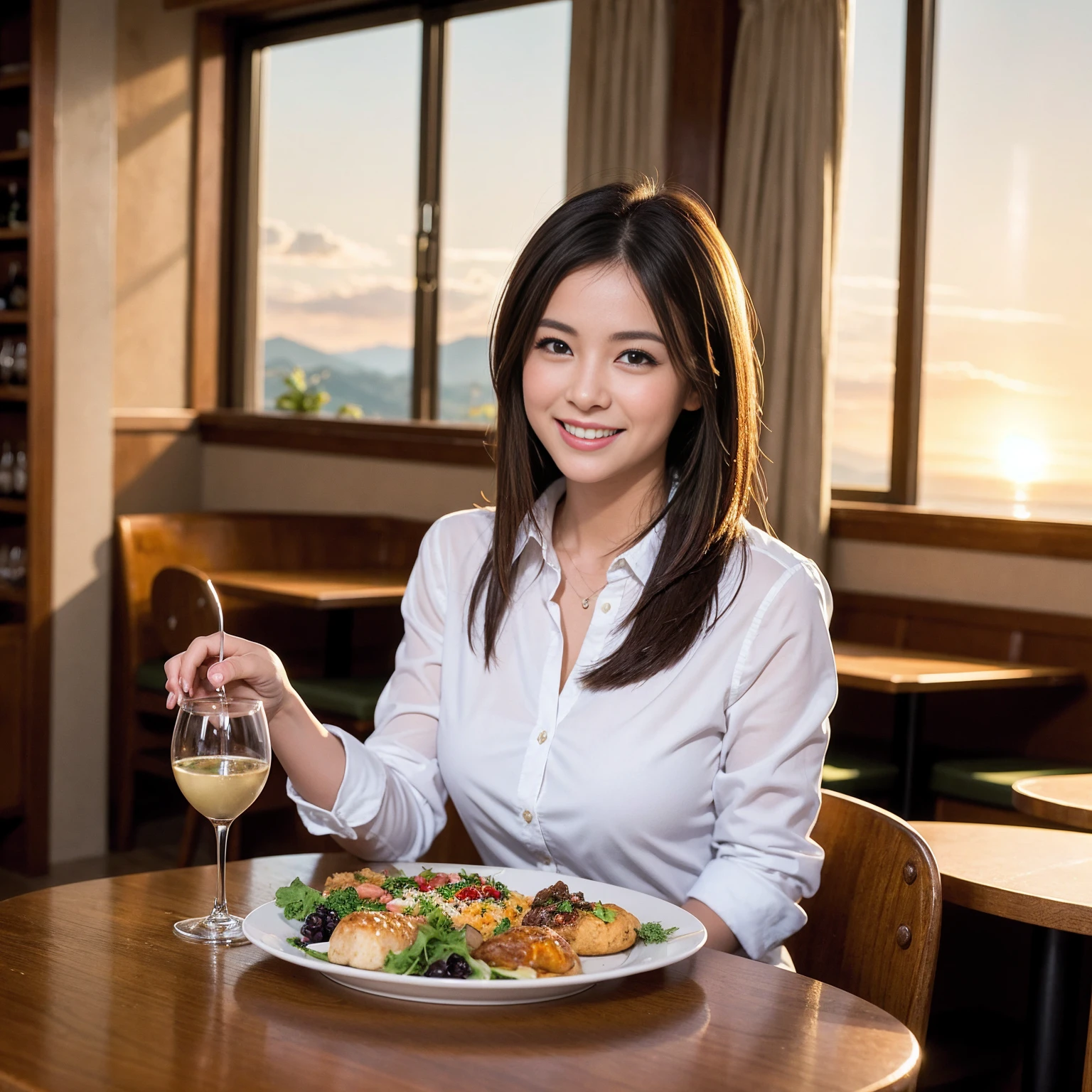 ((Highest quality、、masterpiece:1.3))、1 male、1 female、spouse、Beautiful couple、Japanese couple、smile、 (Slim face), (the body is スリム), (Brown Hair), (Shortcuts), ((Bob Hale、Straight hair:1.2)), テーブルの上のwine glass、Please shine a light on my face、 Amazing view of the sunset sky and clouds、Amazing mountain views、smileの美しさ、Bright imYear、Blushing, Shortcuts,Bright Face、 Year), 39 Year, red wine 、Appetizers、Italian food、Wine bottle、Champagne、sparkling wine、Long sleeve shirt、dress、Attractive beauty、restaurant, Nova Frog Style, actress, model, Upper Body, White wine, red wine, wine glass,