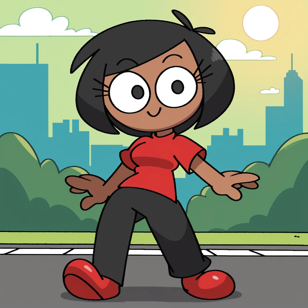 zPDXL, flat colors, cel shading, vector, shadows, clouds, source_cartoon, detailed background, green background, cityscape, park, sun, 1girl, solo, rob_(\vilepluff\), dark skin, eyelashes, medium breasts, black hair, bob cut, shiny skin, red shirt, grey pants, red shoes, standing, cowboy shot, looking at viewer, smile,  