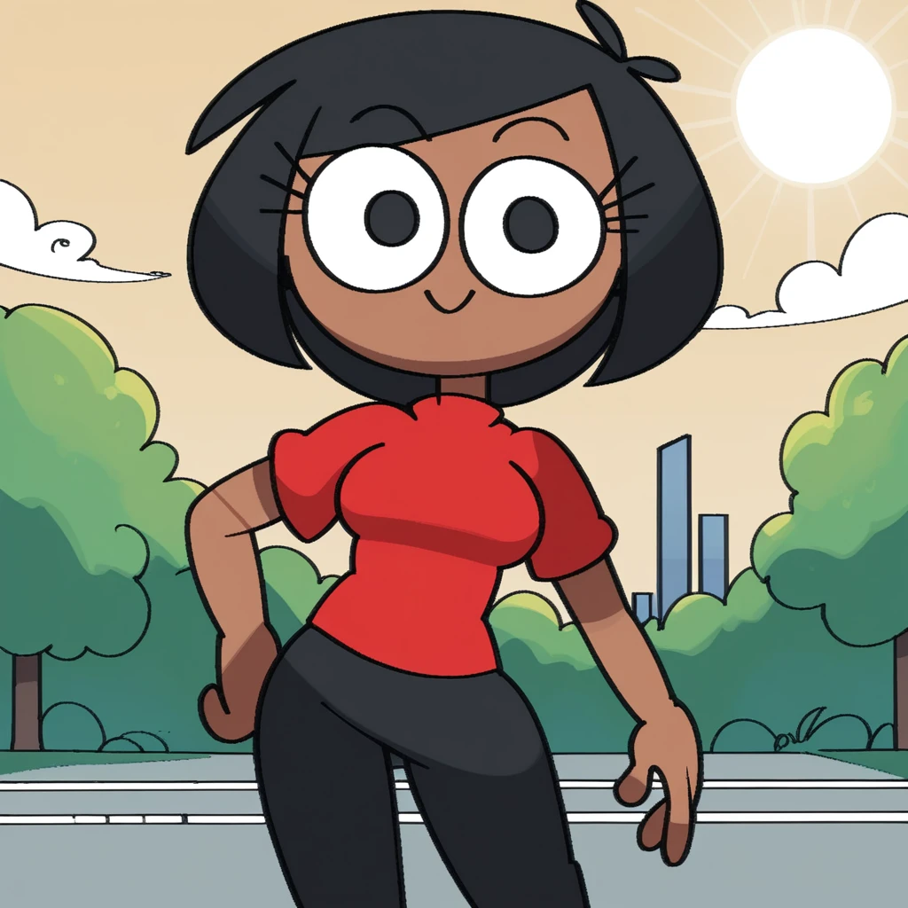 zPDXL, flat colors, cel shading, vector, shadows, clouds, source_cartoon, detailed background, green background, cityscape, park, sun, 1girl, solo, rob_(\vilepluff\), dark skin, eyelashes, medium breasts, black hair, bob cut, shiny skin, red shirt, grey pants, red shoes, standing, cowboy shot, looking at viewer, smile,  