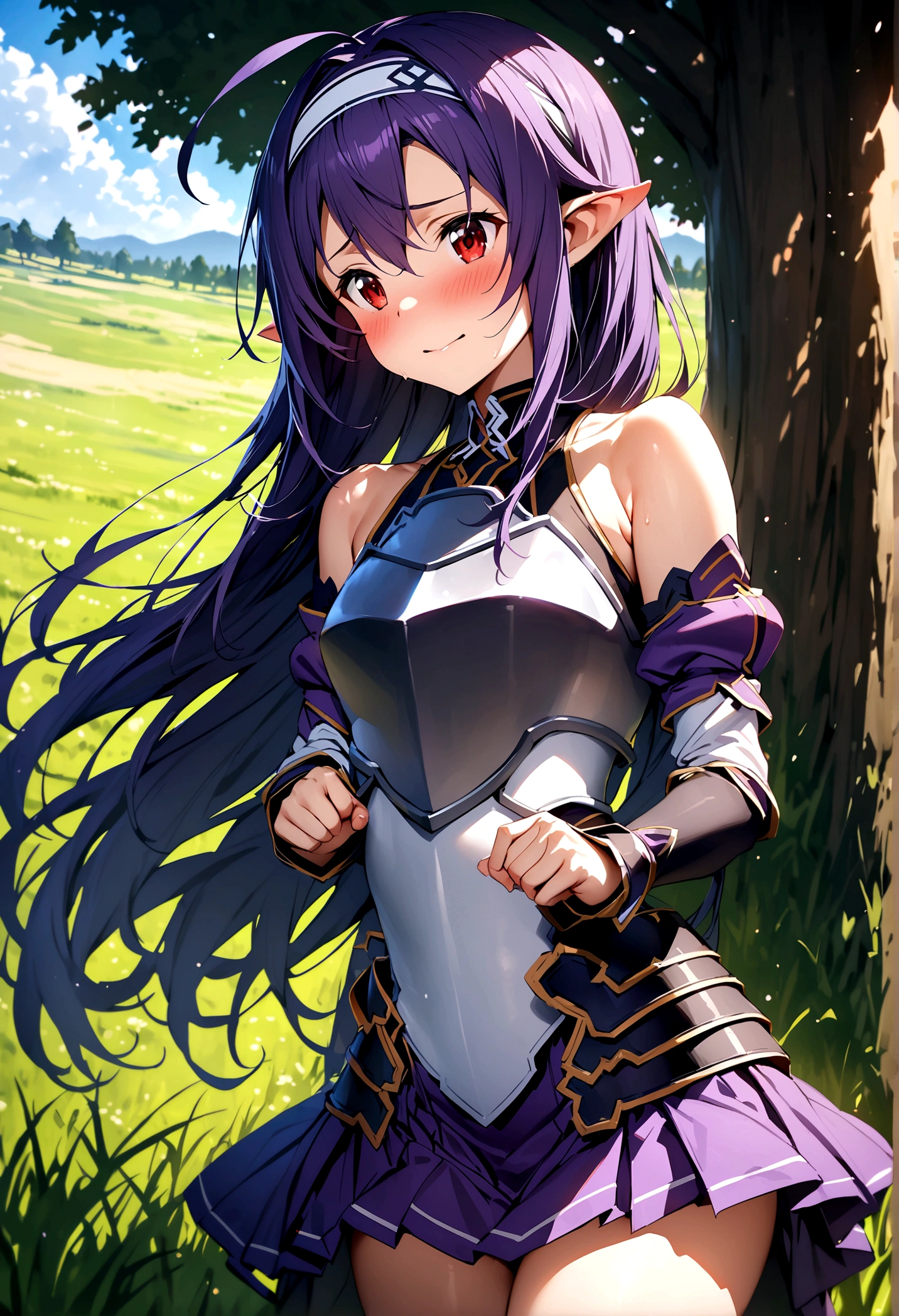NSFW,masterpiece,Highest quality,High resolution,Super detailed,yuuki\(Sword Art Online\), Purple Hair, Long Hair, Ahoge, Red eyes, Pointed Ears, hair band, armor, breastplate, Removable sleeves, leotard, Purple Skirt, Bare shoulders, gloves,Embarrassed,A cheerful smile,blush,grassland,Big tree
