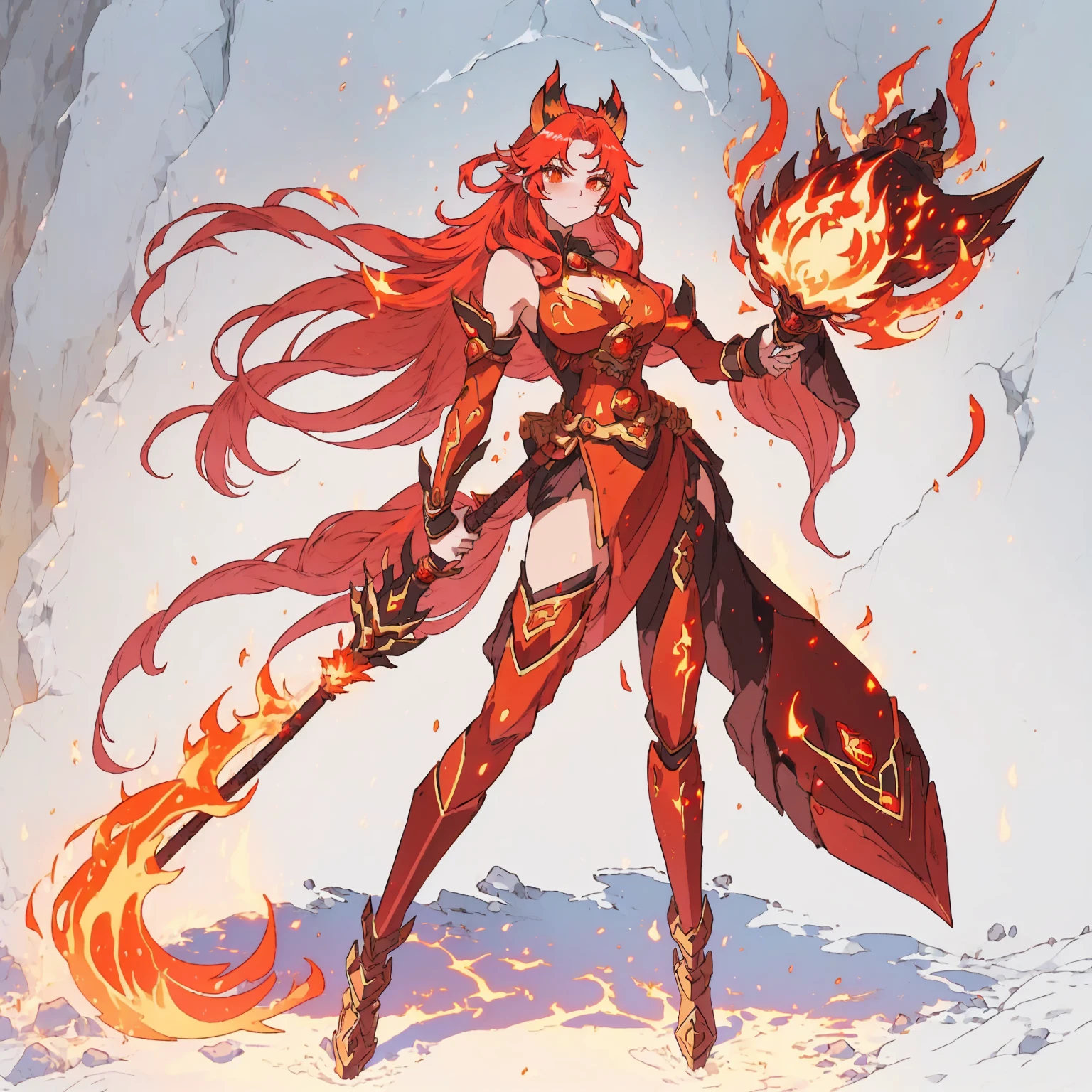 anime girl with red hair holding a fire stick and a staff, fire!! whole body, fire mage, appears as the fire goddess, goddess of fire, fire goddess, Fox and bush, hot fire goddess, Ayaka Genshin Impact, lava and fire goddess, she has fire powers, 动漫Royal sister女神, Makeup Gremory, fire demon, Anime Character Art，The details are clear，Clear facial features，Royal sister风格，Royal sister