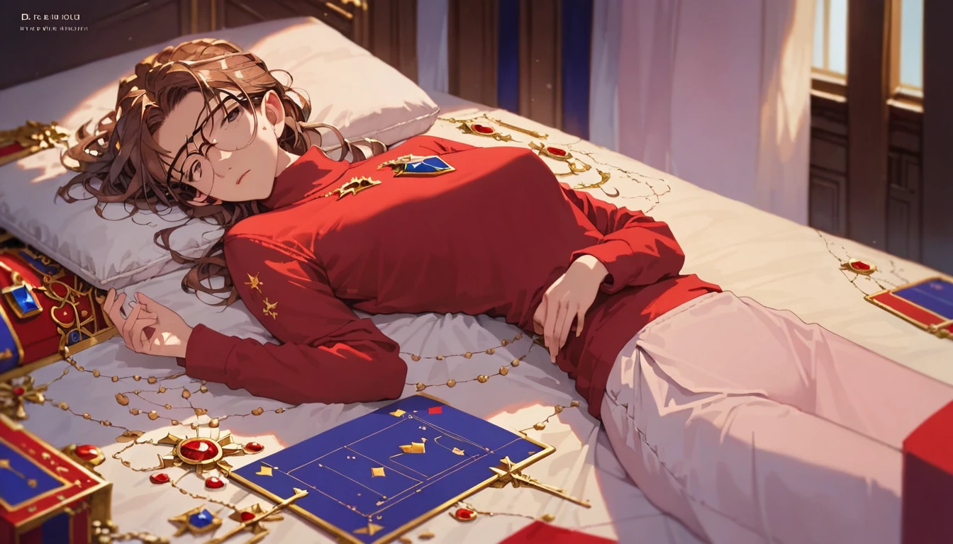 score_9,score_8_up,score_8,(masterpiece, best quality:1.5), ((Extremely detailed)), high resolution,Anime style,(Beautiful woman,brown hair,glasses, solo,lying on the bed, red sweater, comfortable posture, perfect figure:1.3)