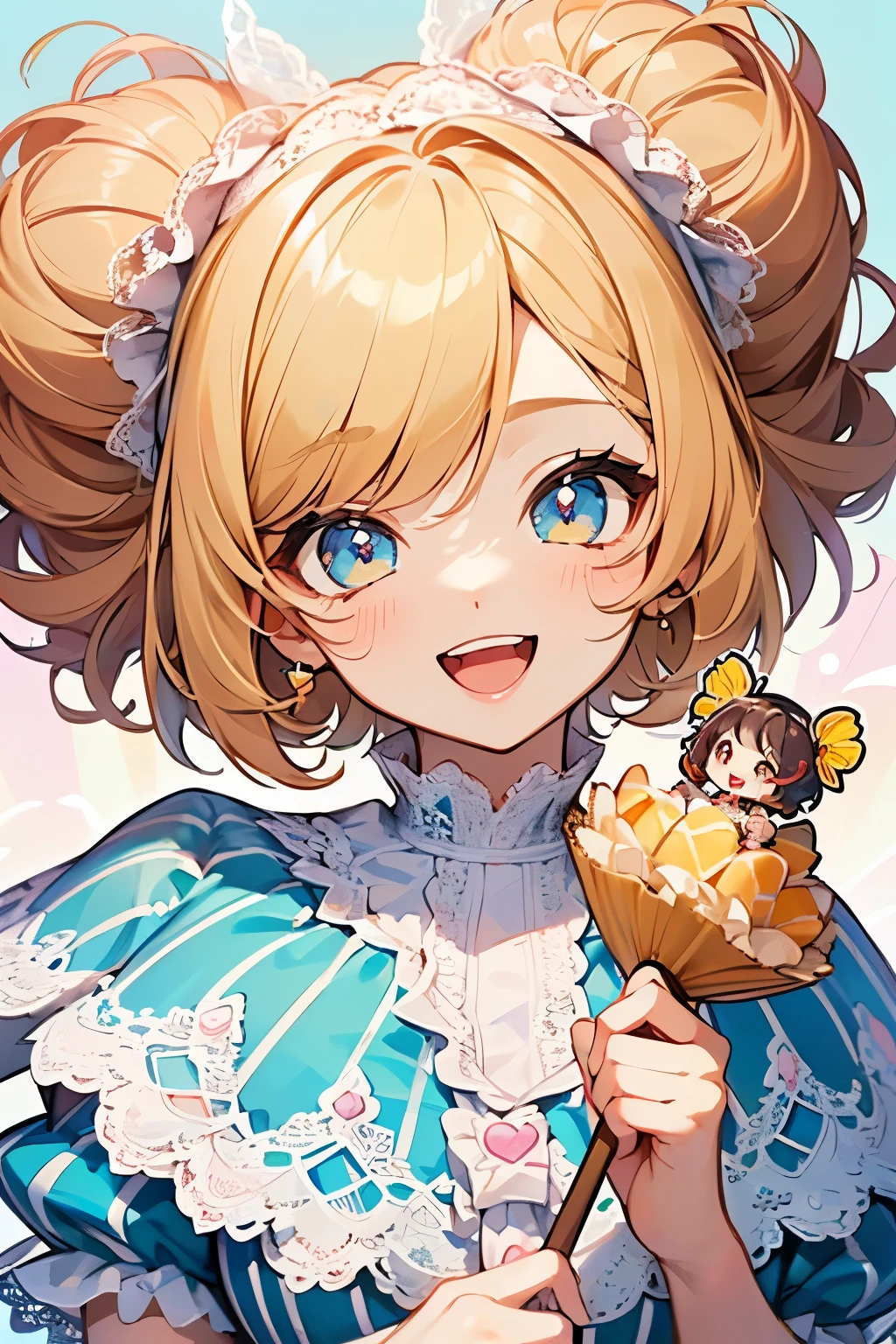 chibi character,Circus motif,(brush),((cute,kawaii,wonderland)),((pastel color)),((Cute assortment)),(Open Mouth Smile、looks fun),((Lots of toys and sweets:1.1)),((Cute frill and lace striped dress:1.3)),Shiny hair,(Natural Color),((Honey-colored hair:1.2)),(Fairytale:1.25),Close-up of face.