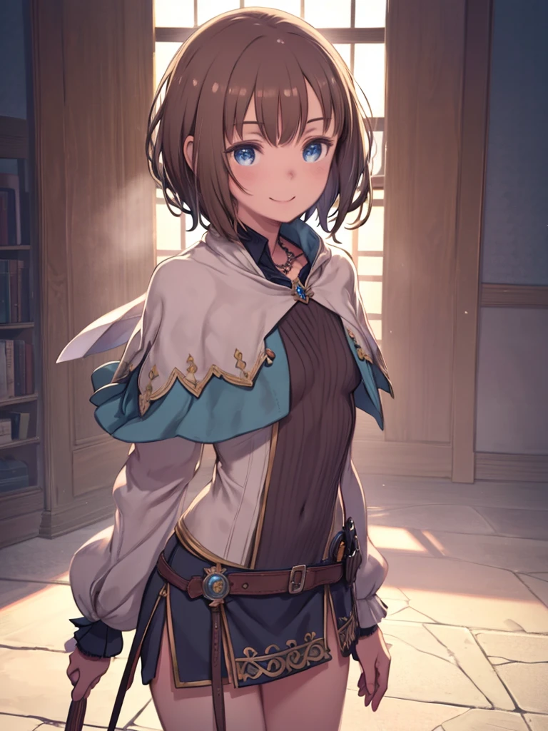 8K, 4K, Intricate details, Cinema Lighting, Great environment, Brilliant, (Realistic:1.1), Detailed face, Fine grain, Detailed Shadows, One girl, (Atelier Series:1.1), belt, blue eyes, blush, boots, Brown Hair, Capelet, Have, jewelry, short hair, necklace, shirt, skirt, smile, alone, whole body