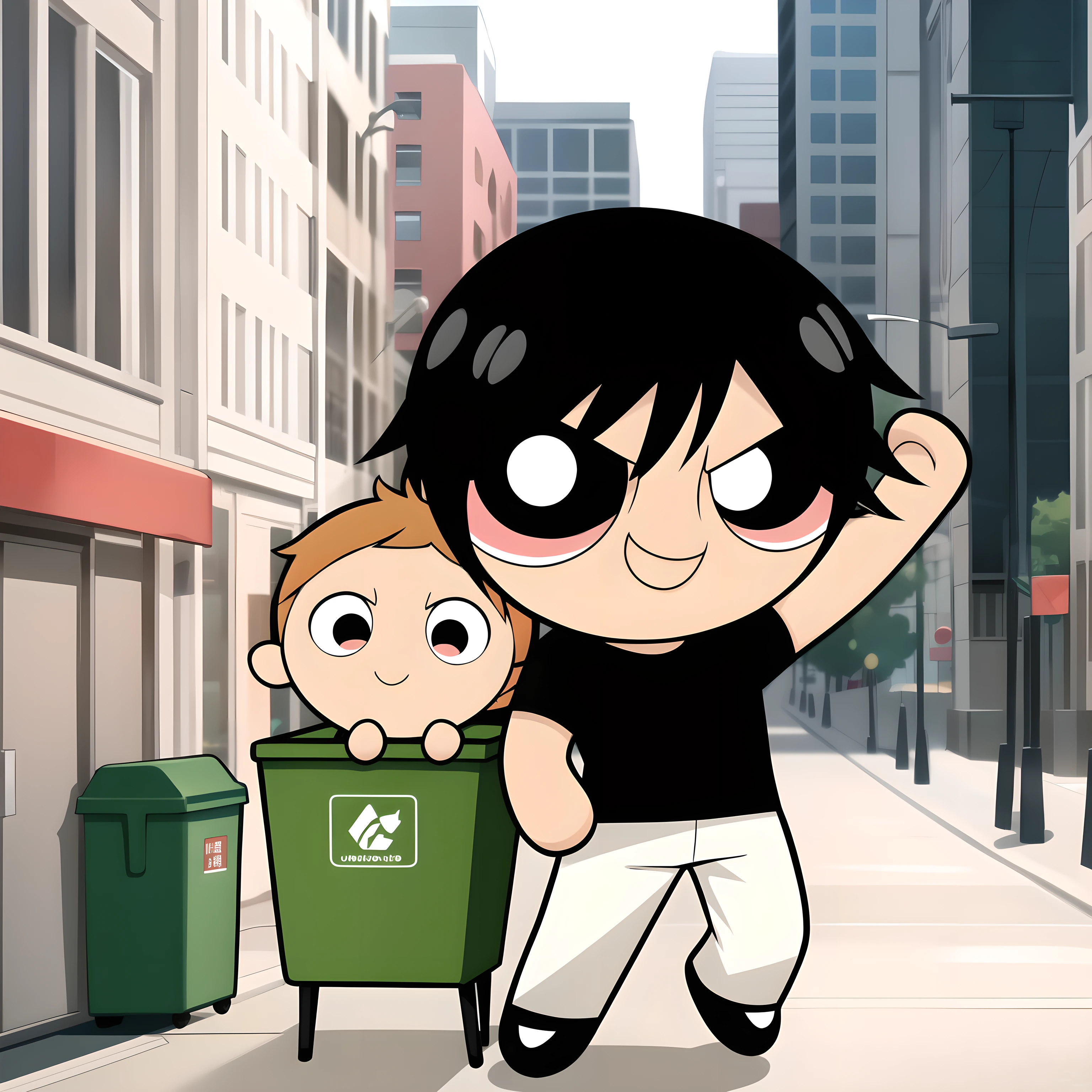 ushiguro toji, muscular male, black shirt, short sleeves, pants, cute smile, full body, chibi, black hair, rubbish bin background, (((Solo)))