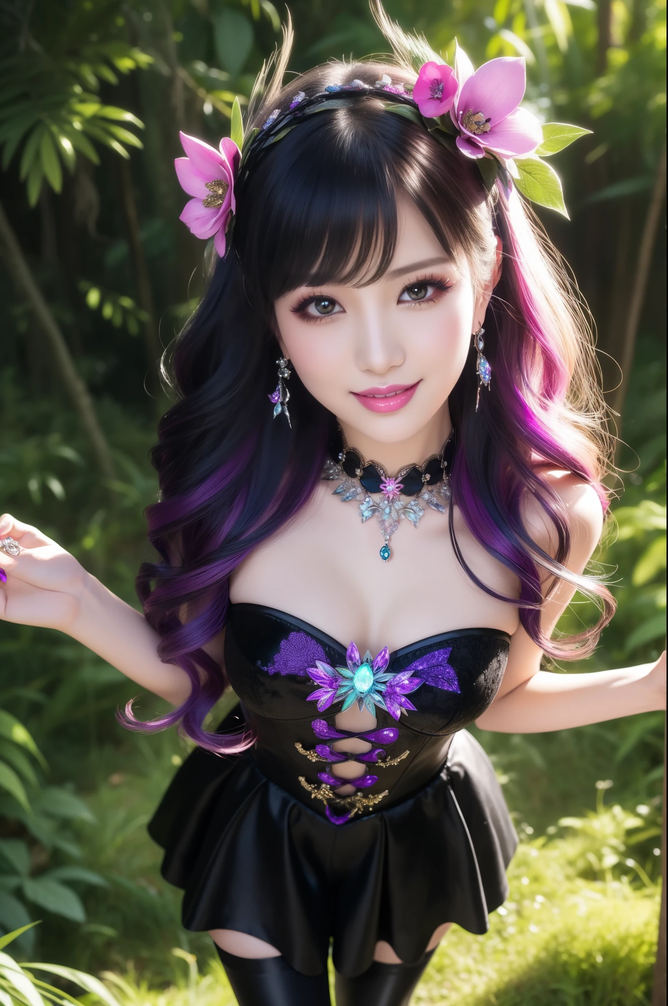 sexy stylish female who controls poison、beautiful smile、lipgloss、long lashes、dramatic makeup、look at the camera、full body Esbian、、sparkling poisoned enchanted flower costume、、、、shiny sparkling multicolor hair、secrete poison、skull hair accessories、black tights、shiny sparkling dark magic forest background