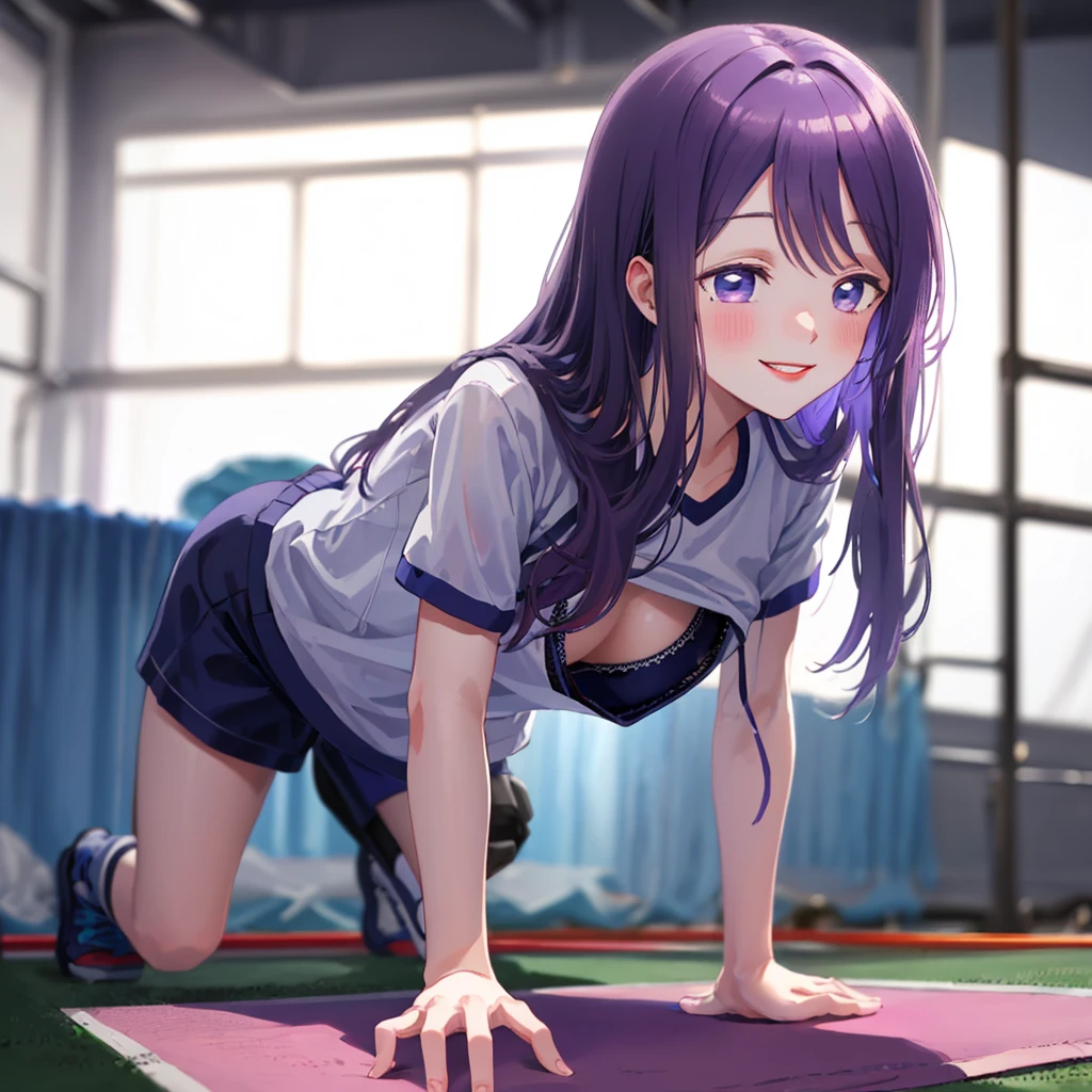  Face up, (From the front: 1.2), (Crawling on all fours: 1.2), (Looking down: 1.2), Breaking girl, Casual, Gym clothes, Jersey worn, School gymnasium, (Bra: 1.2), Breast gap, Medium breasts, Down blouse, nipples visible, no bra, leaning forward, pale purple hair, pale purple eyes, semi-long hair, 8K, top quality, masterpiece, super detailed, full lips, blush, lipstick, perfect hands, detailed hands, , full lips, , perfect hands, detailed hands, , smile, smile, on gymnastics mat, gymnastics mat, gym clothes, wearing jersey, wearing spats