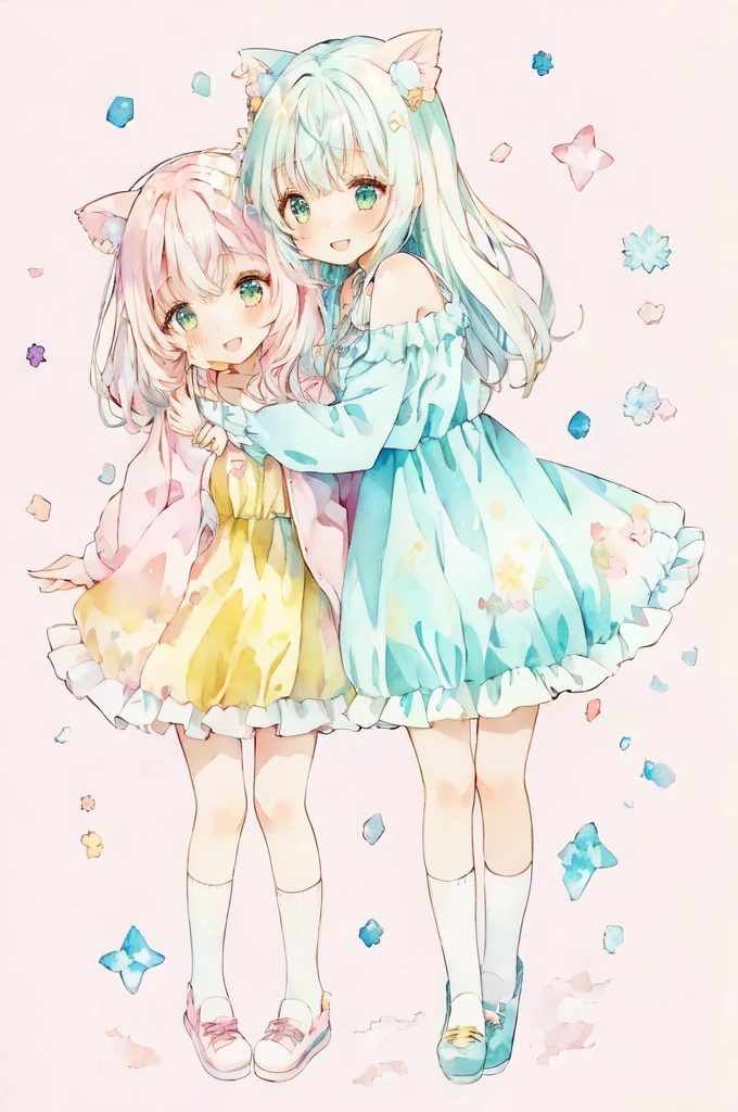 smiling girls, anime characters hugging each other in a cartoon style, cute art style, cute anime, cute anime style, pastel coloring, two beautiful anime girls, soft anime illustration, soft cute colors, beautiful anime art style, cute colorful adorable, pastel colors only, anime girls, anime art style, colorful pastel, decora inspired illustrations, kawaii anime manga style, loish and clamp style