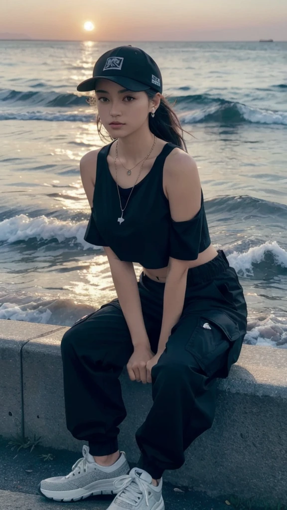 8k, best quality, masterpiece, realistic, ultra detail, photo realistic, Increase quality,
a photo of a girl standing in a field with a scarf, in the style of dark and brooding designer, voluminous mass, photobash, serene faces, jagged edges, navy, natural beauty, close-up shot
hiphop dancer,wearing all black clothes (loose fit top and wide cargo pants),sneakers,accessories(necklace,ear_rings)baseball cap,sitting at sea bank,horizon,seaside,vivid sea color,red lighthouse,sunset