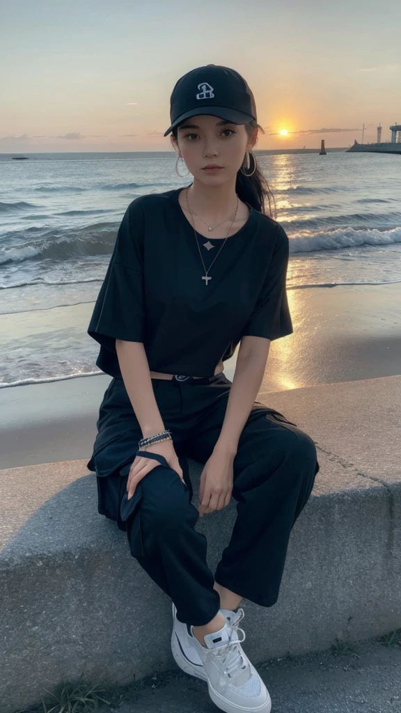 8k, best quality, masterpiece, realistic, ultra detail, photo realistic, Increase quality,
a photo of a girl standing in a field with a scarf, in the style of dark and brooding designer, voluminous mass, photobash, serene faces, jagged edges, navy, natural beauty, close-up shot
hiphop dancer,wearing all black clothes (loose fit top and wide cargo pants),sneakers,accessories(necklace,ear_rings)baseball cap,sitting at sea bank,horizon,seaside,vivid sea color,red lighthouse,sunset