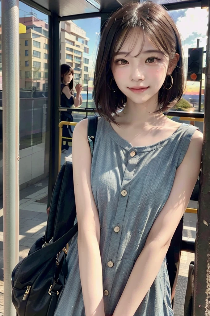 Ultra-realistic capture, Highly detailed, High resolution 16k close-up of human skin. Skin texture must be natural, With such detail that pores can be finely identified. Skin should look fair-skinned, In a uniform tone. Use natural light and color
(masterpiece:1.3), high resolution, ultra detailed, extremely detailed CG unity 8k wallpaper, realistic, photo-realistic, RAW photo, beautiful detailed face, pale skin, realistic glistening skin, detailed cloth texture, detailed hair texture, Perfect Style, Beautiful Face, accurate, Anatomically correct, Highly detailed face and skin texture, natural neck length
BREAK
Detailed eyes, symmetric eyes, Brown eyes, Double eyelids, Thin eyebrows, (Sexy Lips:1.3),
BREAK,
((Innocent and Cute girl:1.3)), ((wearing a sleeveless Light-blue Button shirt dress :1.4)), (beautiful clavicle), (cross strap shoes), shiny small (necklace, bracelet), ((large hoop earrings:1.2)), (ring belt:1.2), (hobo bag over shoulder:1.3), Layered Hairstyle, Dark-brown hair, wavy hair, medium long hair, (very provocative smile:1.2), (medium large breasts, firm breast, nicely shaped breasts:1.1),
BREAK,
((Standing together that Waiting a bus in the bus stop:1.4)), ((looking sideway at viewer:1.2)),
BREAK,
((Upper body shot:1.2)), (Focus on face:1.2), (from side:1.1), (background of beautiful sunset shines:1.4)