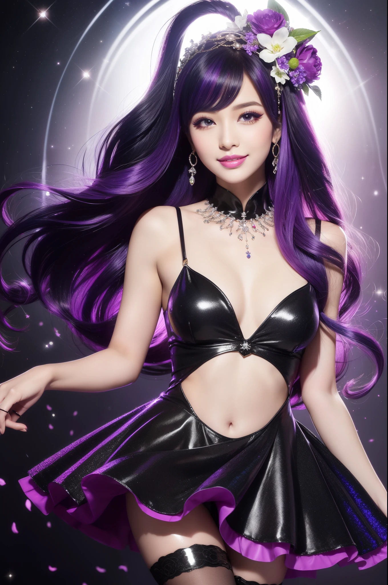 beautiful sexy model who controls poison、beautiful smile、lipgloss、long lashes、intense makeup、look at the camera、full body Esbian、、sparkling poisoned flower costume、、、、shiny sparkling multicolor hair、secrete poison、skull hair accessories、black tights、shiny sparkling flowers background