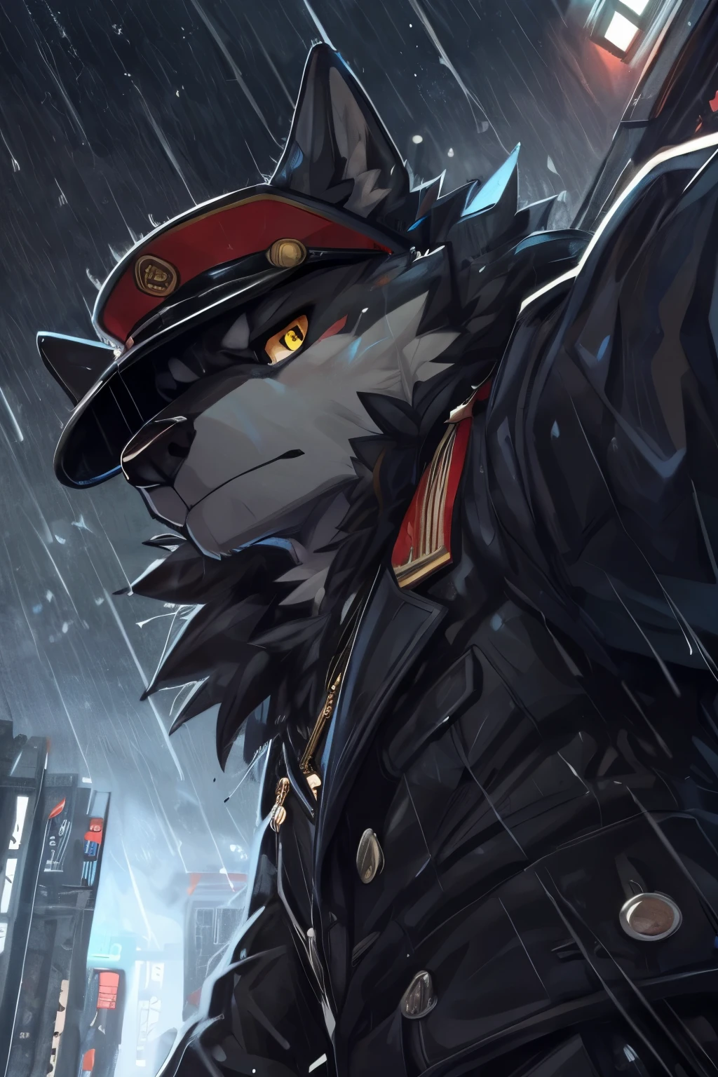 by hemuchang, by zackary911, male, black fur, wolf, yellow eyes, standing, black coat, serious, fully clothed, military cap, front view, raining, face focus, (((perspective, foreshortening))), side view