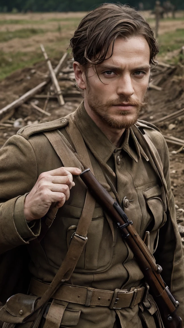 (masterpiece), best quality, expressive eyes, perfect face, All quiet on western Front, man, trenches, dirty, uniform, realistic, HD, Rifle, mas-36, battle, fighting, world war 1, bearded, mature, michael Fassbender