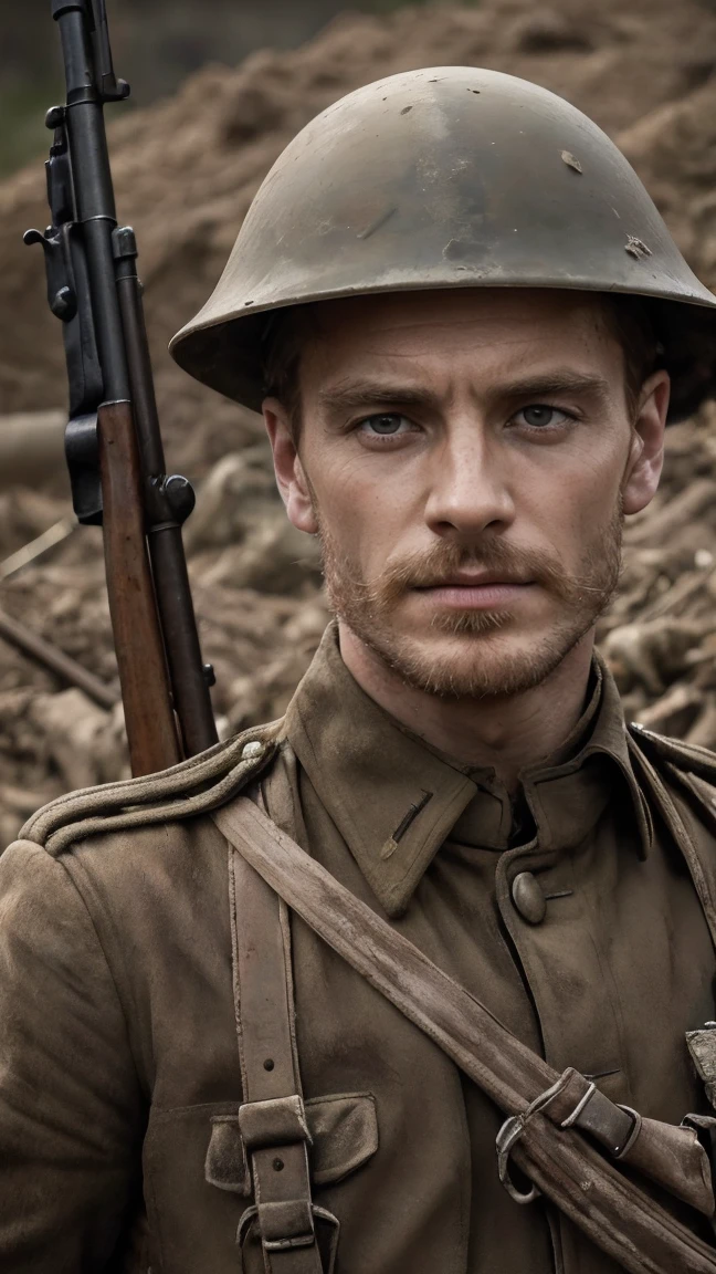 (masterpiece), best quality, expressive eyes, perfect face, All quiet on western Front, man, trenches, dirty, uniform, realistic, HD, Rifle, mas-36, battle, fighting, world war 1, bearded, mature, michael Fassbender