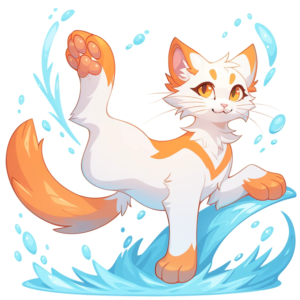 White cat with orange paws in aquatic art style