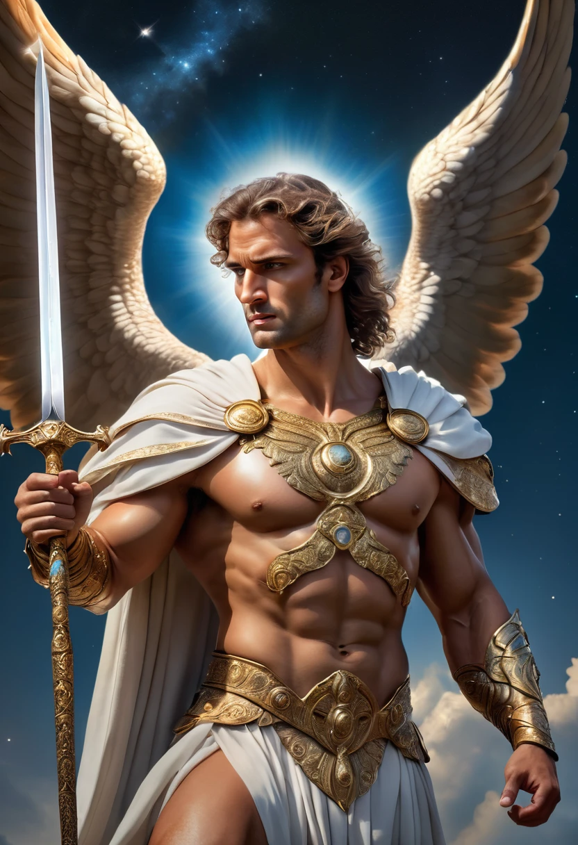 A majestic, muscular, winged archangel with a noble bearing, holding a longsword, wearing ancient robes, with piercing eyes, a sharp nose, and a dignified expression, floating in a starry sky, (best quality,8k,hyperrealistic,masterpiece:1.2),ultra-detailed,(realistic,photorealistic,photo-realistic:1.37),concept art,dramatic lighting,cinematic,chiaroscuro,epic,divine,awe-inspiring,intricate details,dramatic pose,powerful,heroic,celestial,ethereal,mystical,glowing,shimmering,radian