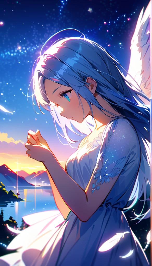 (best quality:1.2),(hands finger 5 digits:1.3),(extremely delicate and beautiful:1.3),(detailed ultra detailed:1.2),(scenery clear details:1.2),(scenery crystal clear :1.2),(solo),(blue eyes),(long white long hair),(white dress),(angel wings),(floating white feathers,starry sky),(clusters of stars,starry sky),(glinting stars),(solo),(long silver long hair),(best quality:1.2),(hands finger 5 digits:1.3),(extremely delicate and beautiful:1.3),(detailed ultra detailed:1.2),(scenery clear details:1.2),