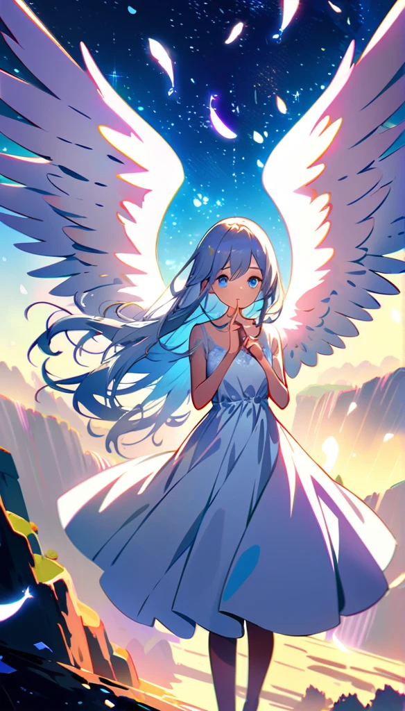 (best quality:1.2),(hands finger 5 digits:1.3),(extremely delicate and beautiful:1.3),(detailed ultra detailed:1.2),(scenery clear details:1.2),(scenery crystal clear :1.2),(solo),(blue eyes),(long white long hair),(white dress),(angel wings),(floating white feathers,starry sky),(clusters of stars,starry sky),(glinting stars),(solo),(long silver long hair),(best quality:1.2),(hands finger 5 digits:1.3),(extremely delicate and beautiful:1.3),(detailed ultra detailed:1.2),(scenery clear details:1.2),