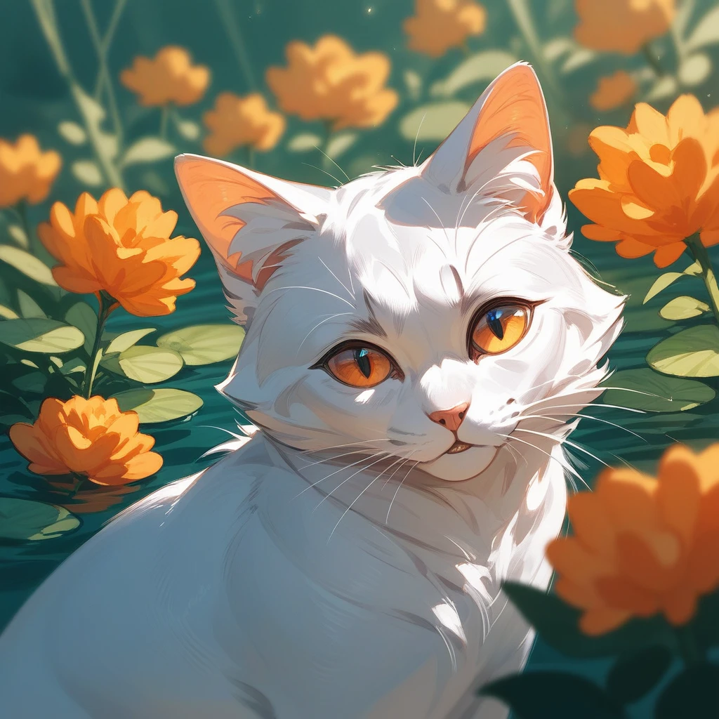 White cat with orange paws in aquatic art style(score_9,score_8_up,score_7_up,score_6_up,score_5_up,score_4_up)