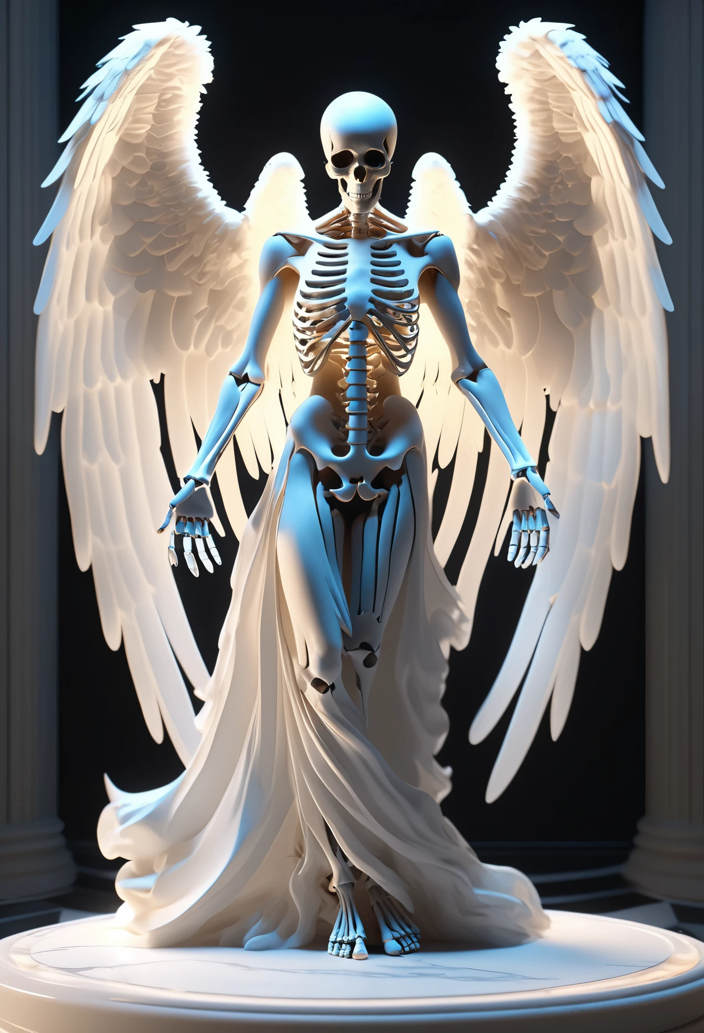 isometic render, Angel skeleton, marble, elegant, with wings, massive, octane rendered, volumetric lighting, smooth rim lighting, realflow liquid rendering, cinema4d lightings, octane material, mono-realistic, cinematic camera grading.