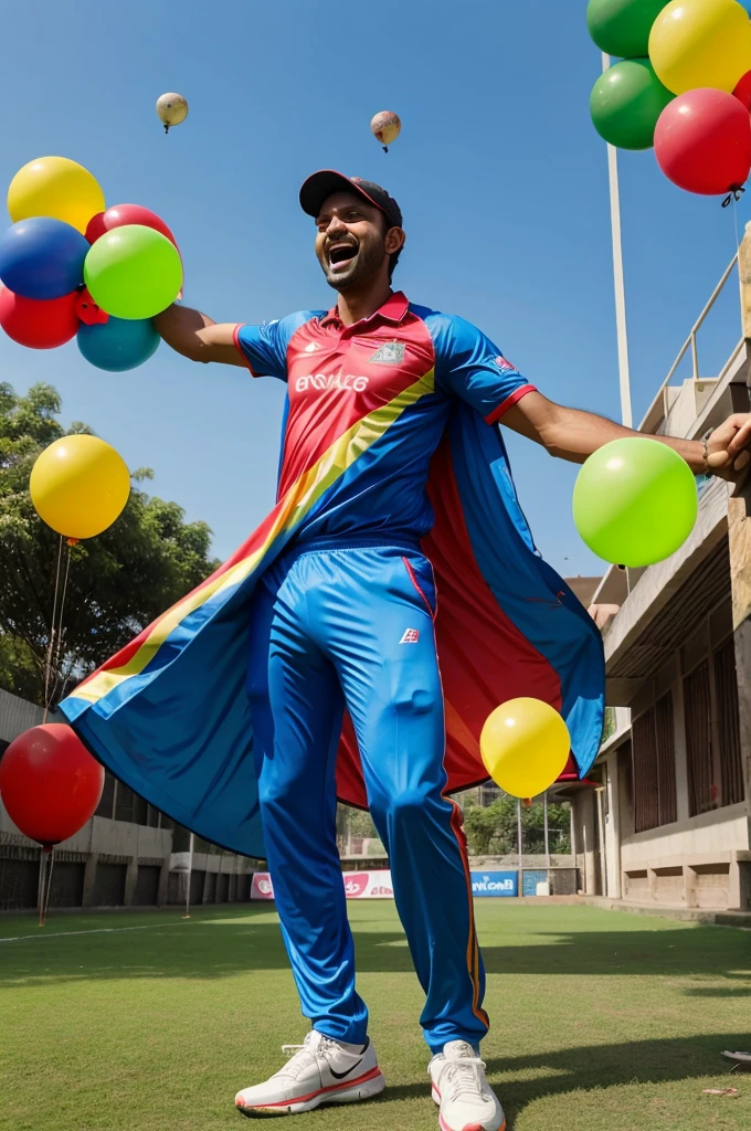 Cricket background 
A man celebrate his winning prediction. Colour full baloons in background 