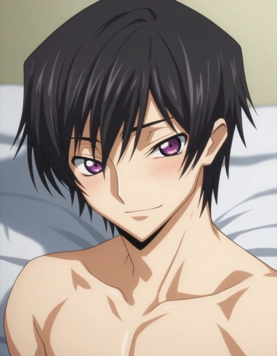 score_9, score_8_up, score_7_up, source_anime, rating_safe, intricate details, anime screencap, , , looking at viewer, depth of field, 1boy, solo, male focus, lelouch_lamperouge, black hair, purple eyes, bangs, smile, blush, cute, naked, bed room, night,